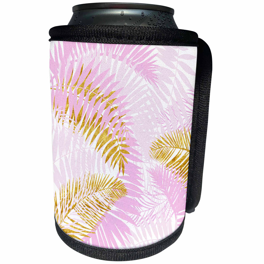 3dRose Uta Naumann Pattern - Aloha Gold Pink Palm Foliage Jungle Tropical Hawaii Pattern - Can Cooler Bottle Wrap (cc_266834)
