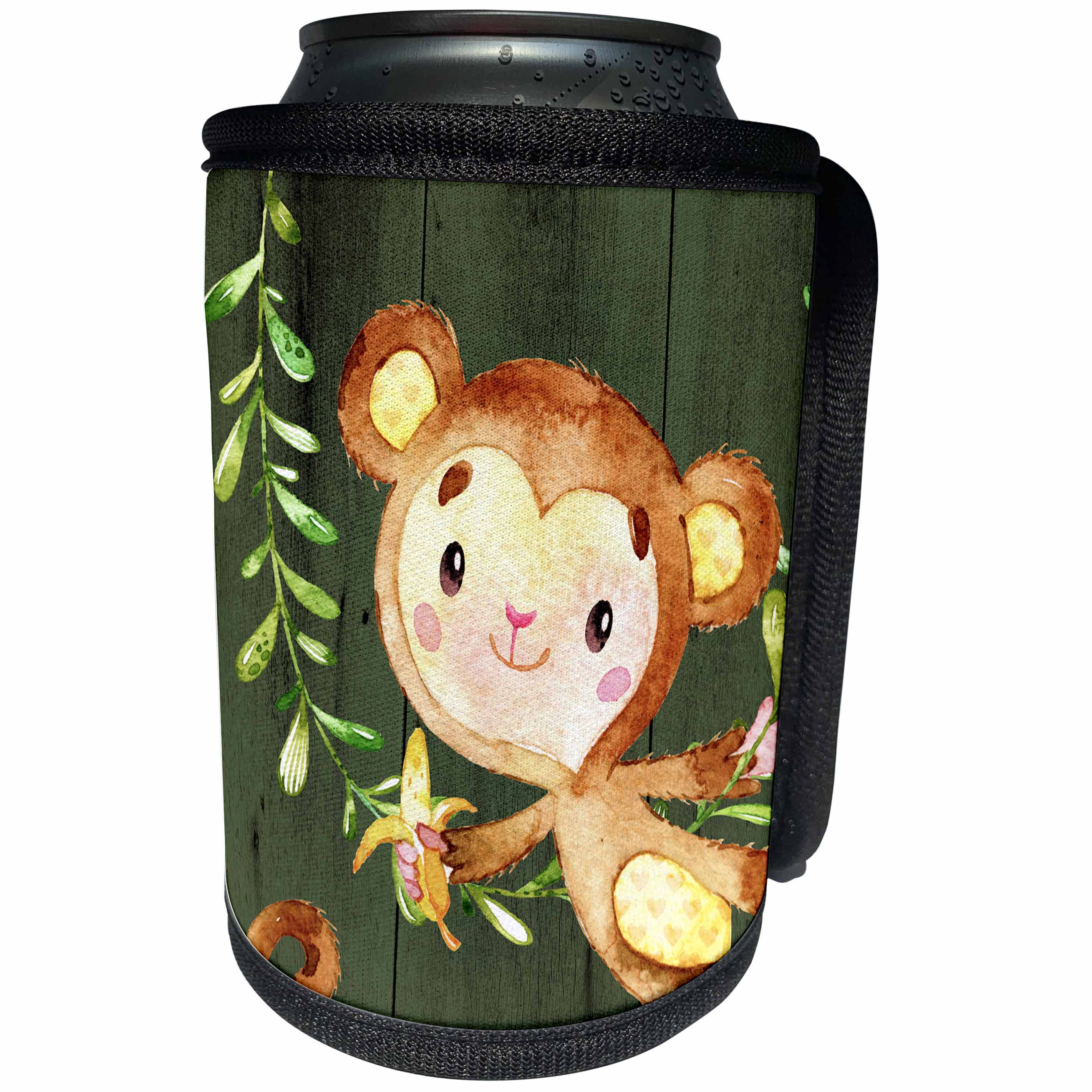 3dRose Uta Naumann Watercolor Illustration Animal - A Monkey Holding a Banana Watercolor-Kids Watercolor Illustration - Can Cooler Bottle Wrap (cc_266844)