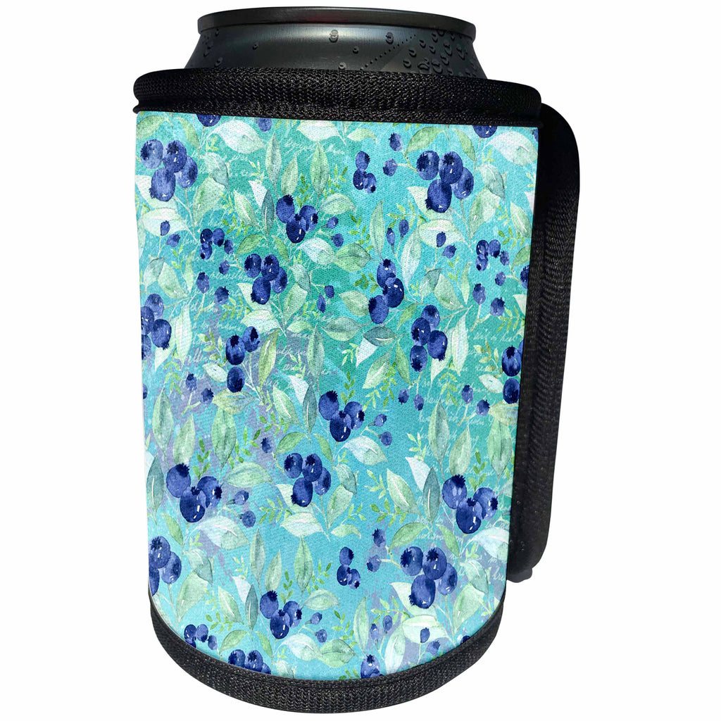 3dRose Uta Naumann Pattern - Teal Fruit Blueberry Summer Pattern - Can Cooler Bottle Wrap (cc_266855)