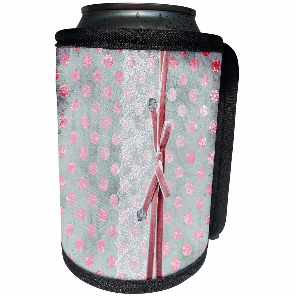 3dRose Uta Naumann Vintage Lace Collection - White Floral Lace-Diamond On Pink Polka Dot Grunge Paper Background - Can Cooler Bottle Wrap (cc_266857)