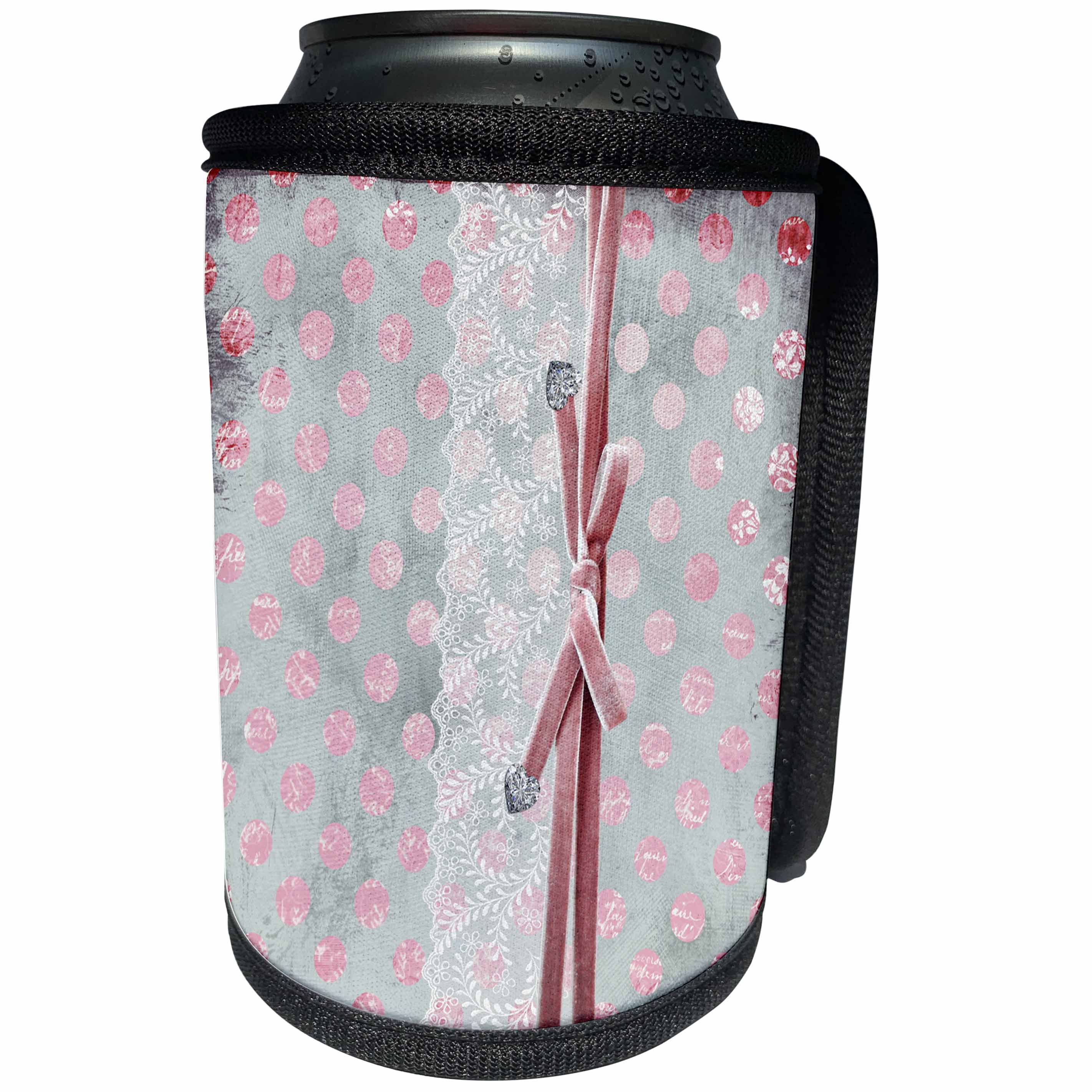 3dRose Uta Naumann Vintage Lace Collection - White Floral Lace-Diamond On Pink Polka Dot Grunge Paper Background - Can Cooler Bottle Wrap (cc_266857)