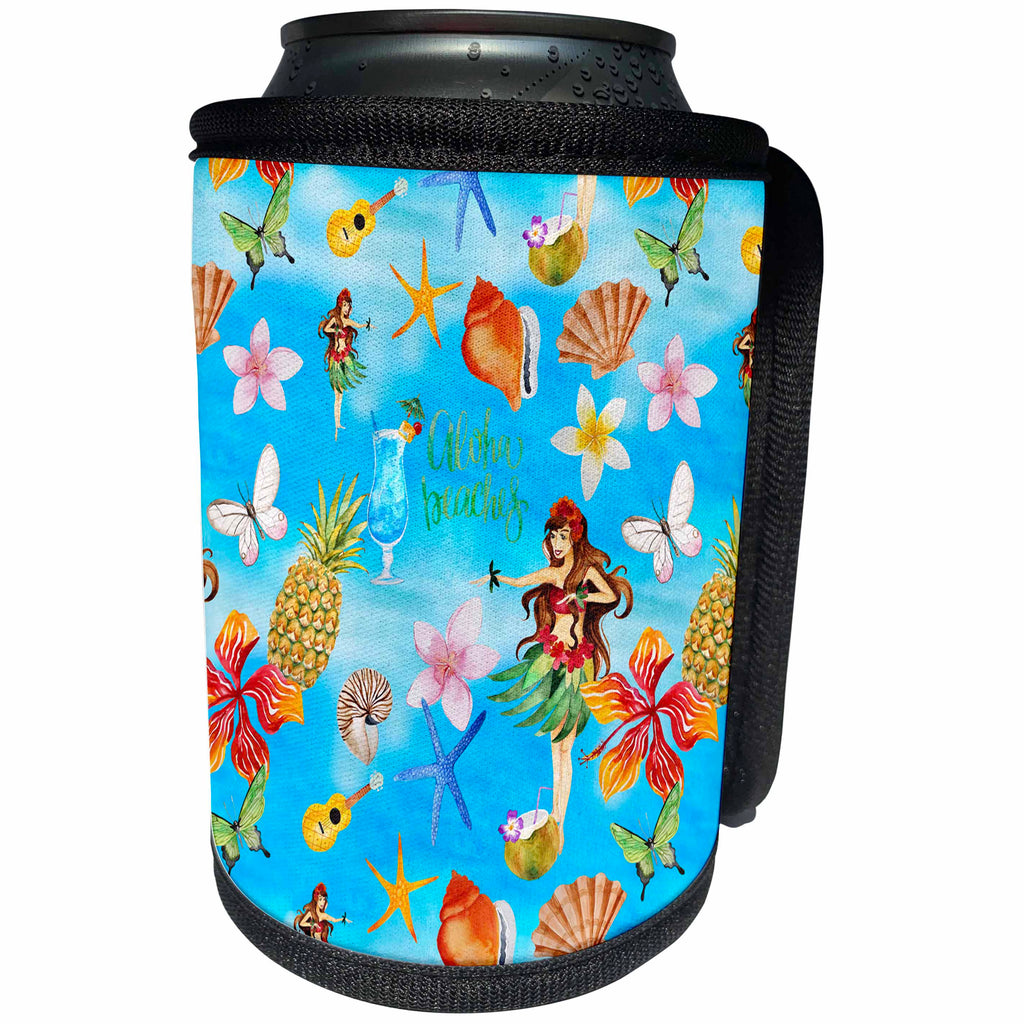 3dRose Uta Naumann Pattern - Aloha Flower Hawaii Hula girl Tropical Blue Beach Pattern - Can Cooler Bottle Wrap (cc_266860)