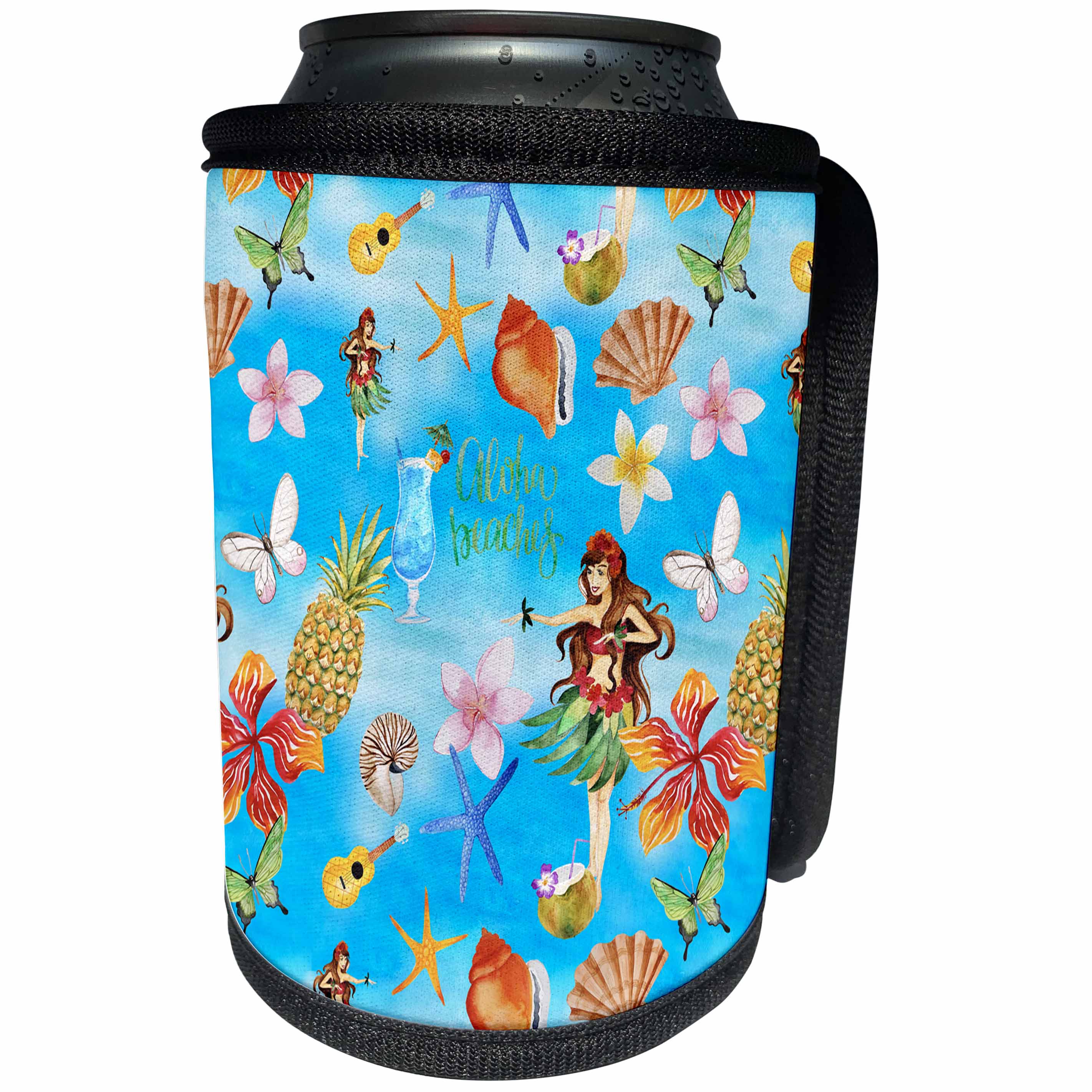 3dRose Uta Naumann Pattern - Aloha Flower Hawaii Hula girl Tropical Blue Beach Pattern - Can Cooler Bottle Wrap (cc_266860)