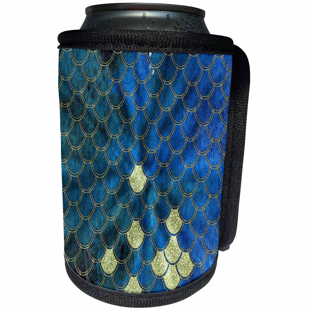 3dRose Uta Naumann Faux Glitter Pattern - Shiny Blue Gold Luxury Elegant Mermaid Scales Glitter Effect Art print - Can Cooler Bottle Wrap (cc_266864)