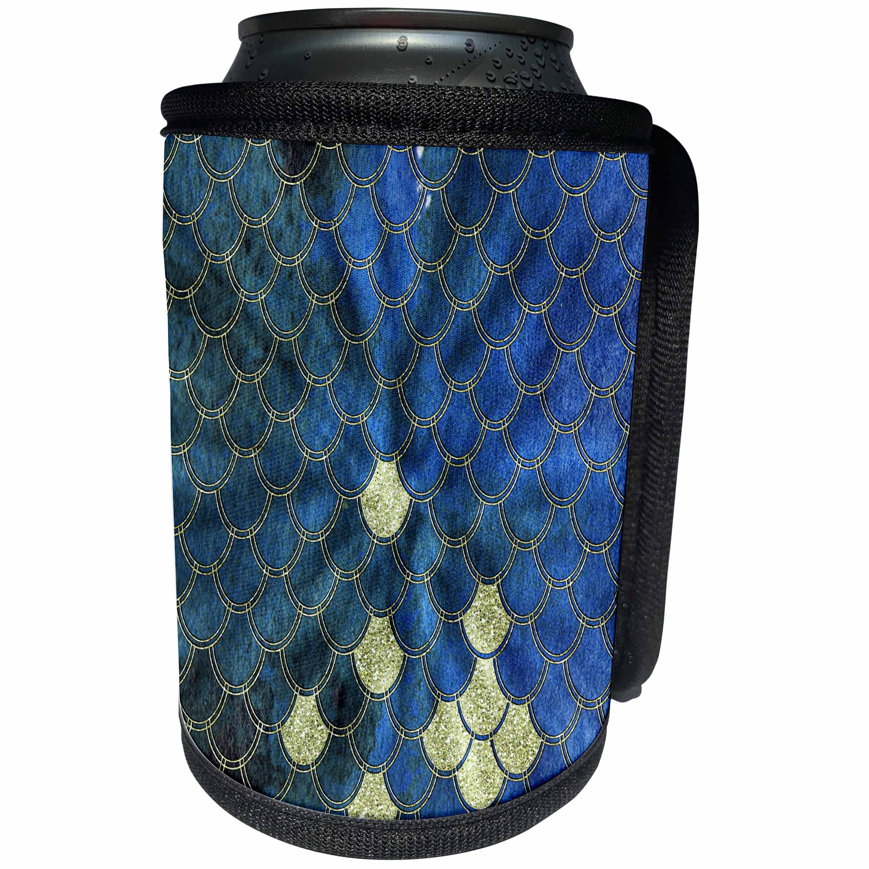 3dRose Uta Naumann Faux Glitter Pattern - Shiny Blue Gold Luxury Elegant Mermaid Scales Glitter Effect Art print - Can Cooler Bottle Wrap (cc_266864)
