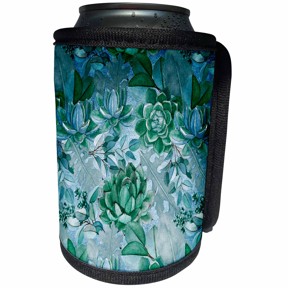 3dRose Uta Naumann Pattern - Aqua Teal Retro Foliage Succulent and Cactus Pattern - Can Cooler Bottle Wrap (cc_266865)