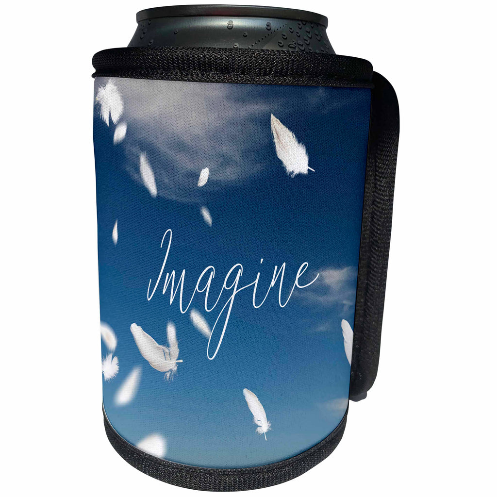 3dRose Uta Naumann Sayings and Typography - Imagine Quote On Clear Blue Sky with Feathers - Can Cooler Bottle Wrap (cc_266879)