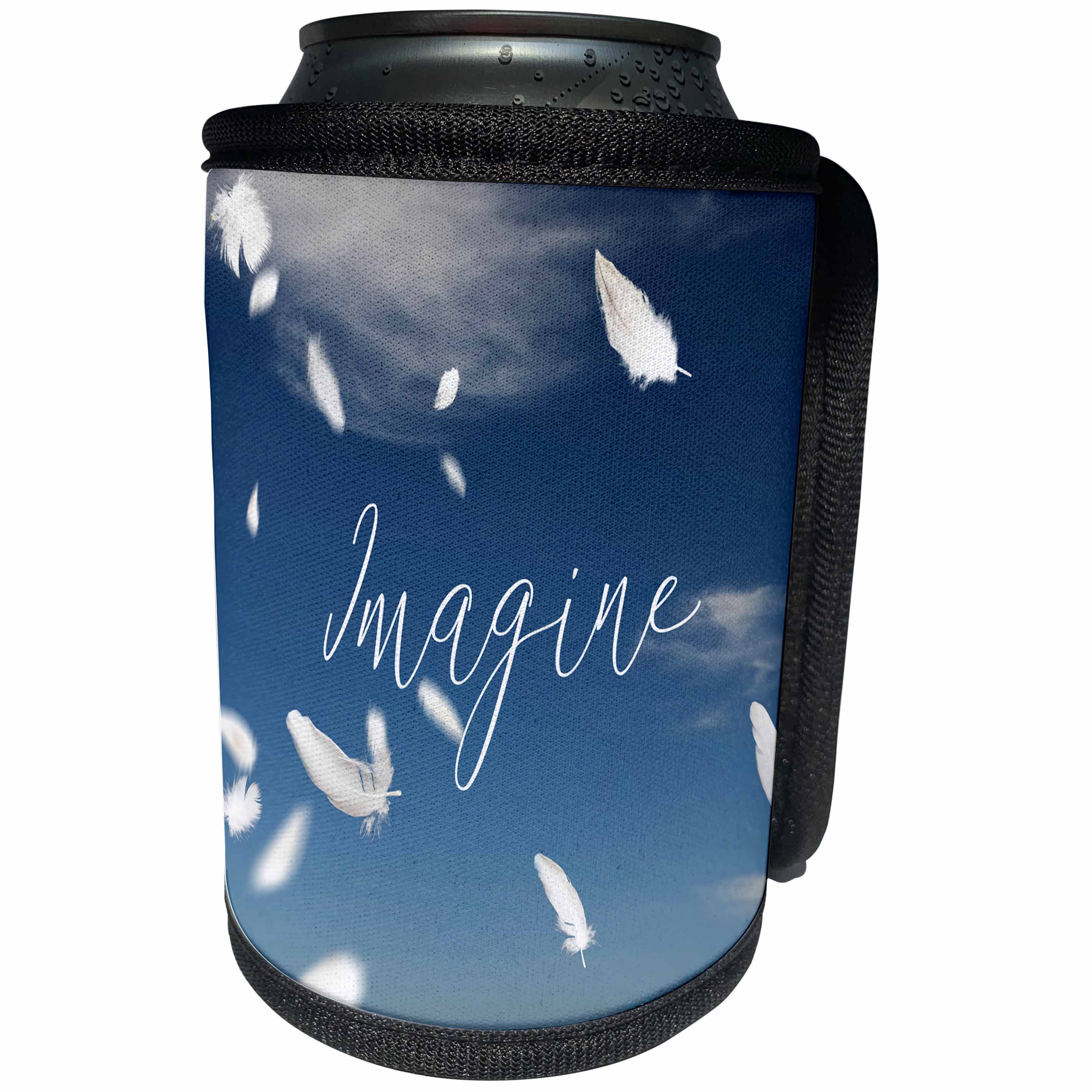 3dRose Uta Naumann Sayings and Typography - Imagine Quote On Clear Blue Sky with Feathers - Can Cooler Bottle Wrap (cc_266879)