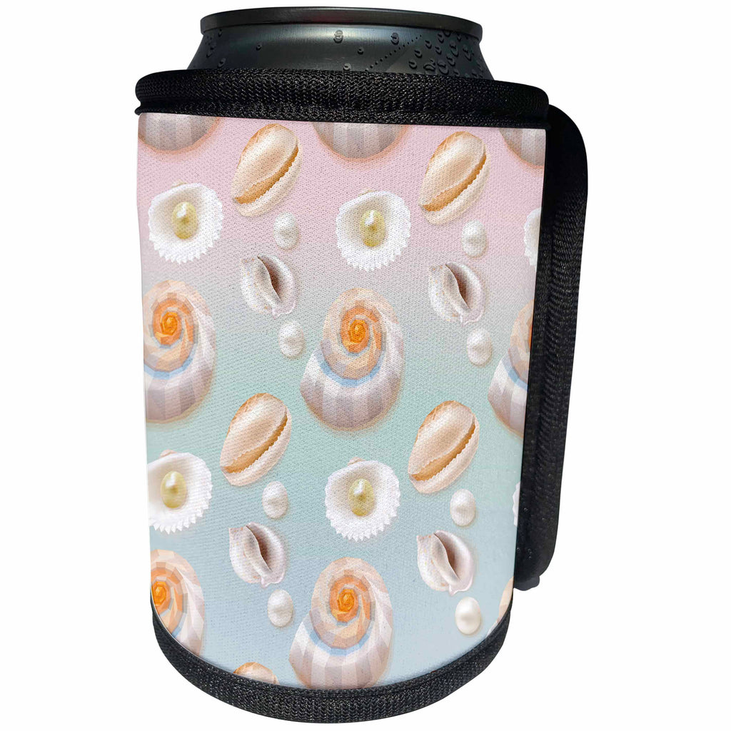 3dRose Uta Naumann Pattern - White Pearls and Seashells in Pastel Pattern - Can Cooler Bottle Wrap (cc_266881)