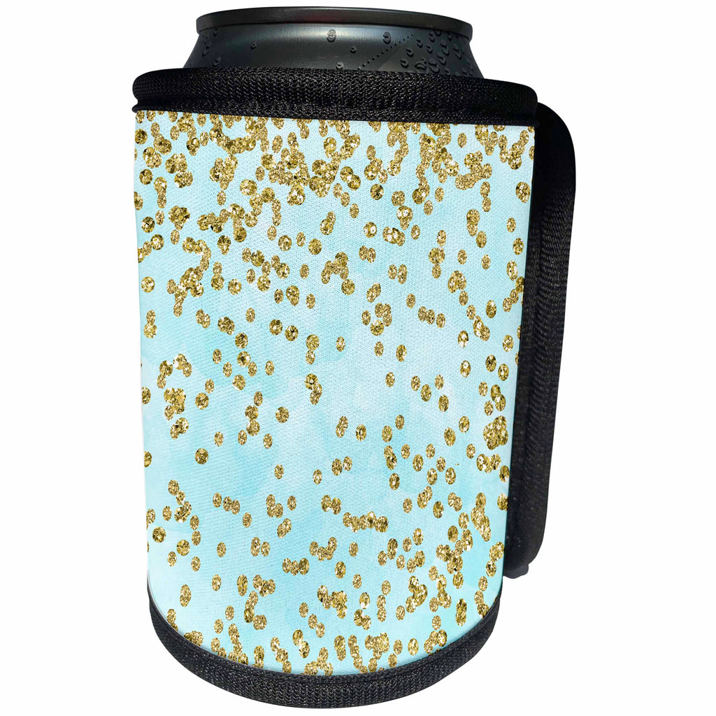3dRose Uta Naumann Faux Glitter Pattern - Girly Gold Glittery Polka Dots Confetti On Teal Sky - Can Cooler Bottle Wrap (cc_266883)