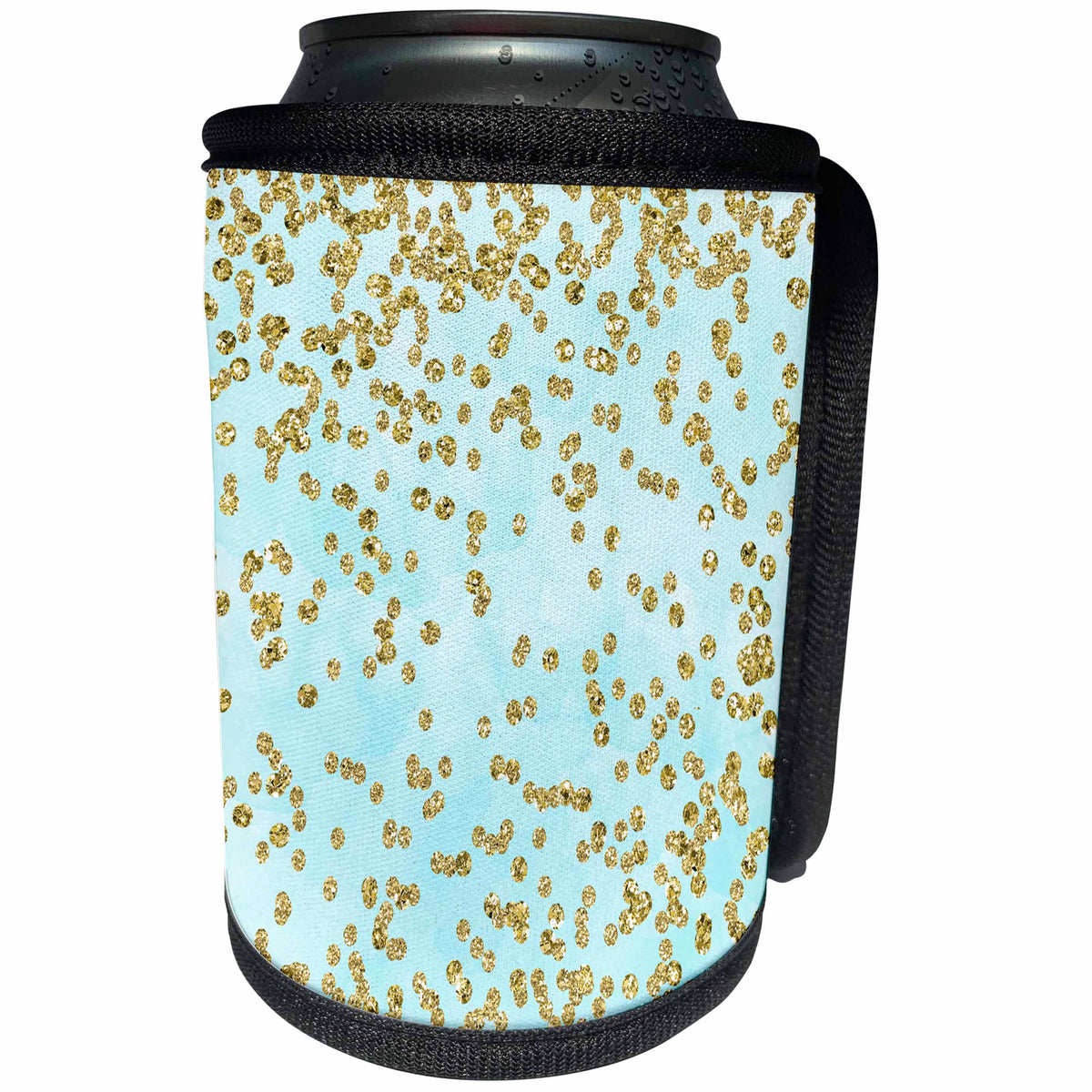 3dRose Uta Naumann Faux Glitter Pattern - Girly Gold Glittery Polka Dots Confetti On Teal Sky - Can Cooler Bottle Wrap (cc_266883)