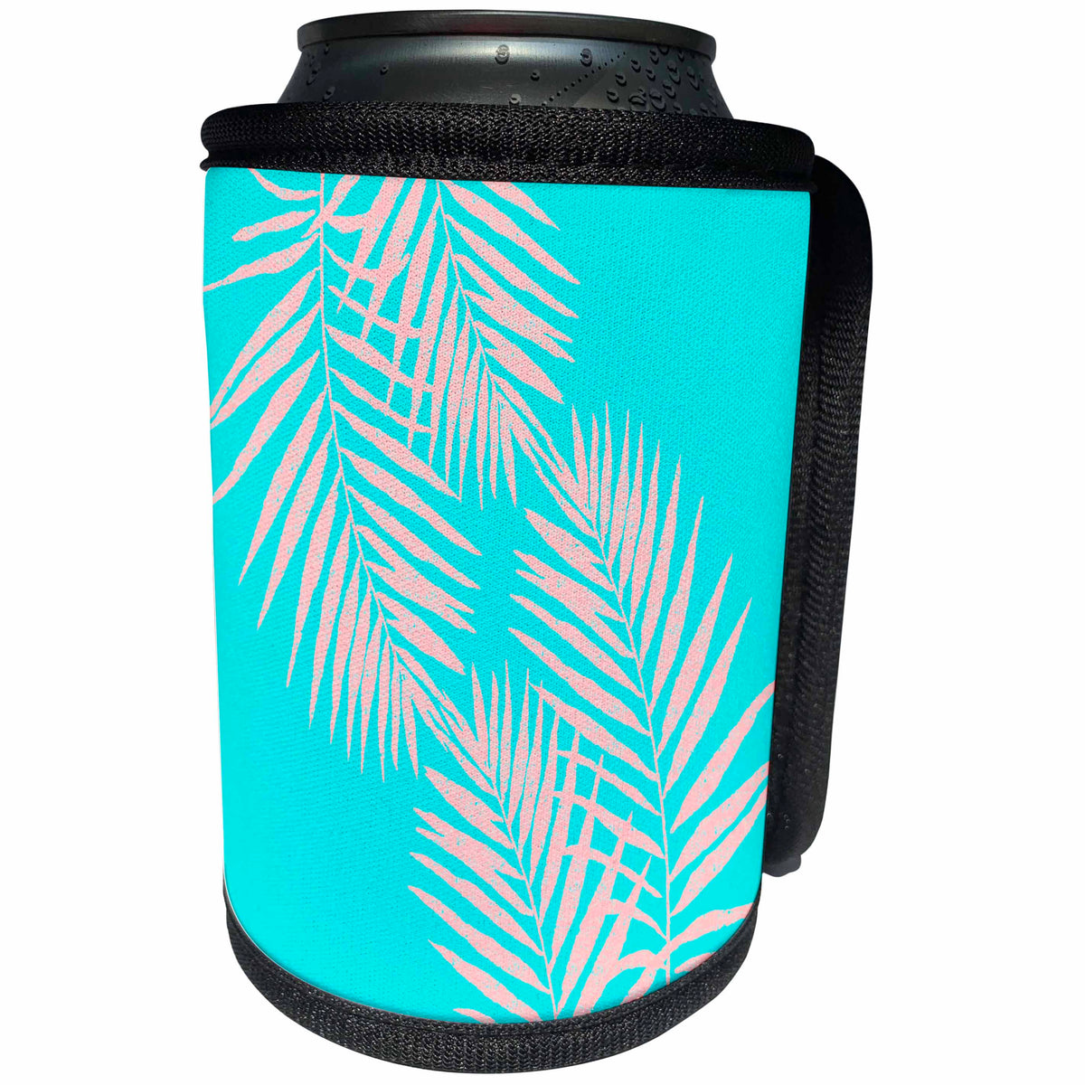 3dRose Uta Naumann Pattern - Aloha Pink Palm Foliage Tropical on Blue Beach Pattern - Can Cooler Bottle Wrap (cc_266884)