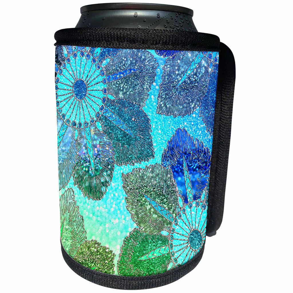 3dRose Uta Naumann Faux Glitter Pattern - Sparkling Green and Blue Shiny Glitter Flower - Can Cooler Bottle Wrap (cc_266896)