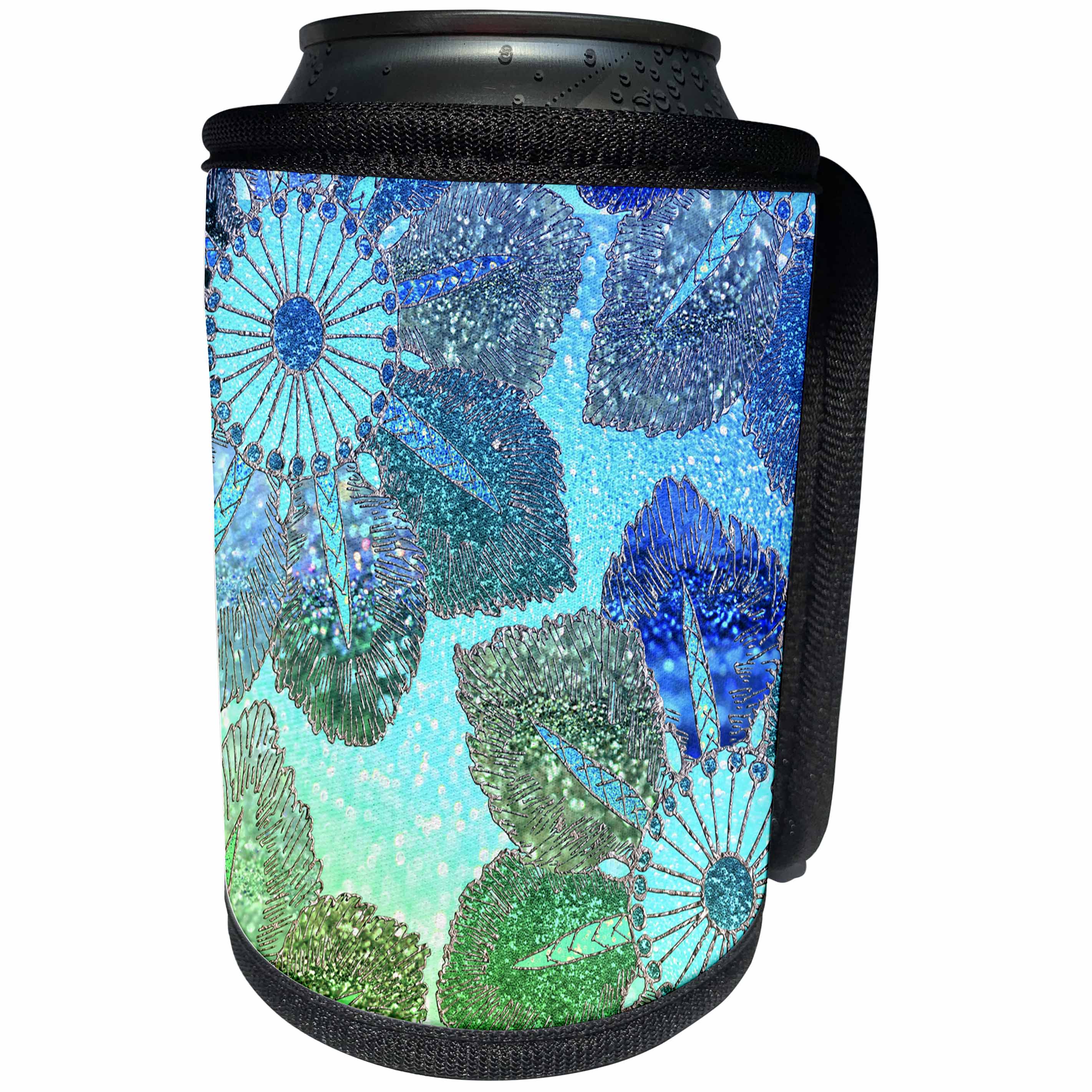 3dRose Uta Naumann Faux Glitter Pattern - Sparkling Green and Blue Shiny Glitter Flower - Can Cooler Bottle Wrap (cc_266896)