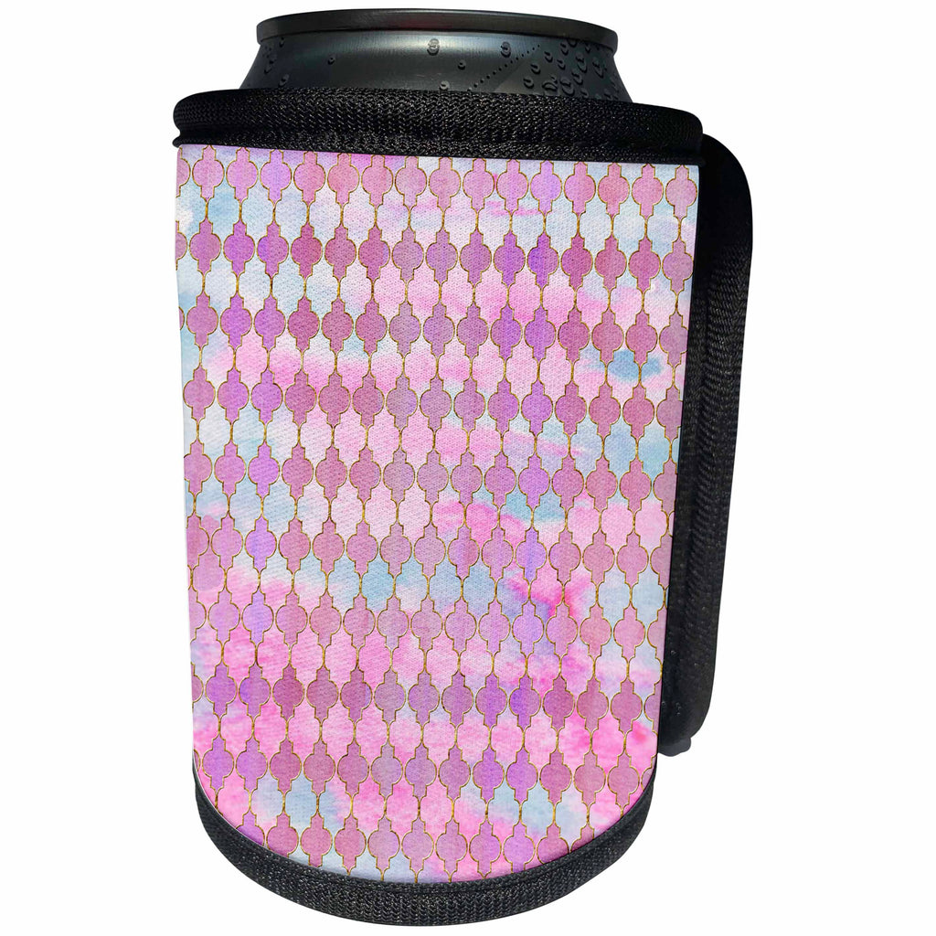 3dRose Uta Naumann Faux Glitter Pattern - Luxury Shiny Gold and Pink Moroccan Arabic Quatrefoil Tile Pattern - Can Cooler Bottle Wrap (cc_266901)