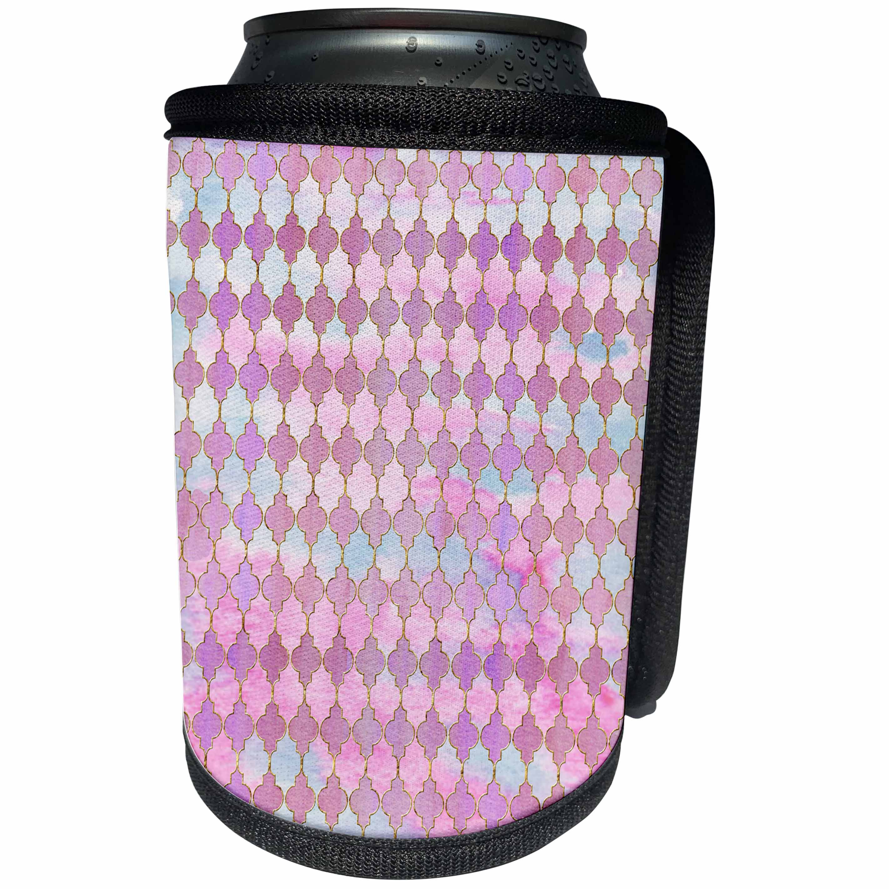 3dRose Uta Naumann Faux Glitter Pattern - Luxury Shiny Gold and Pink Moroccan Arabic Quatrefoil Tile Pattern - Can Cooler Bottle Wrap (cc_266901)