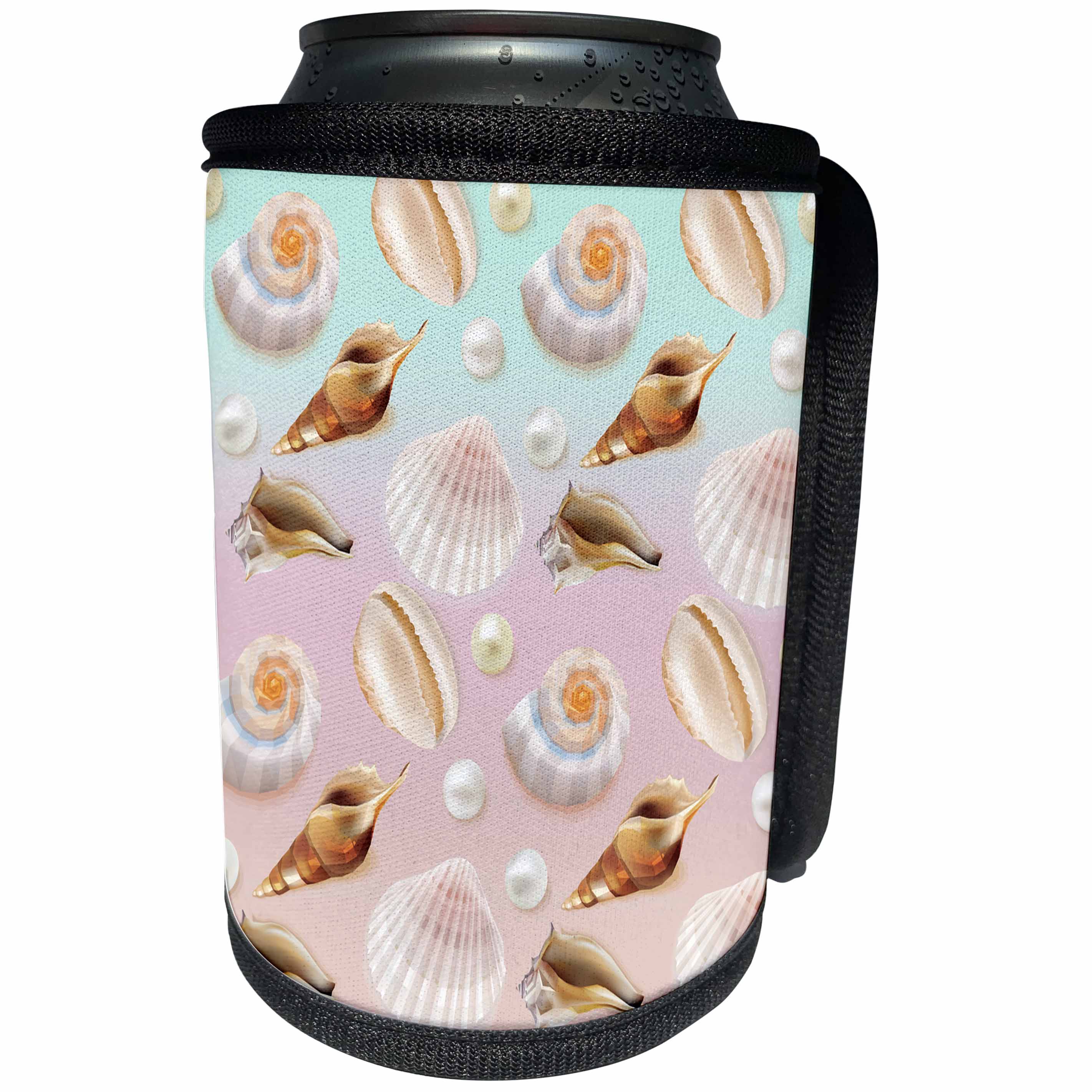 3dRose Uta Naumann Pattern - White Pearls and Seashells in Pink and Teal Pastel Pattern - Can Cooler Bottle Wrap (cc_266915)