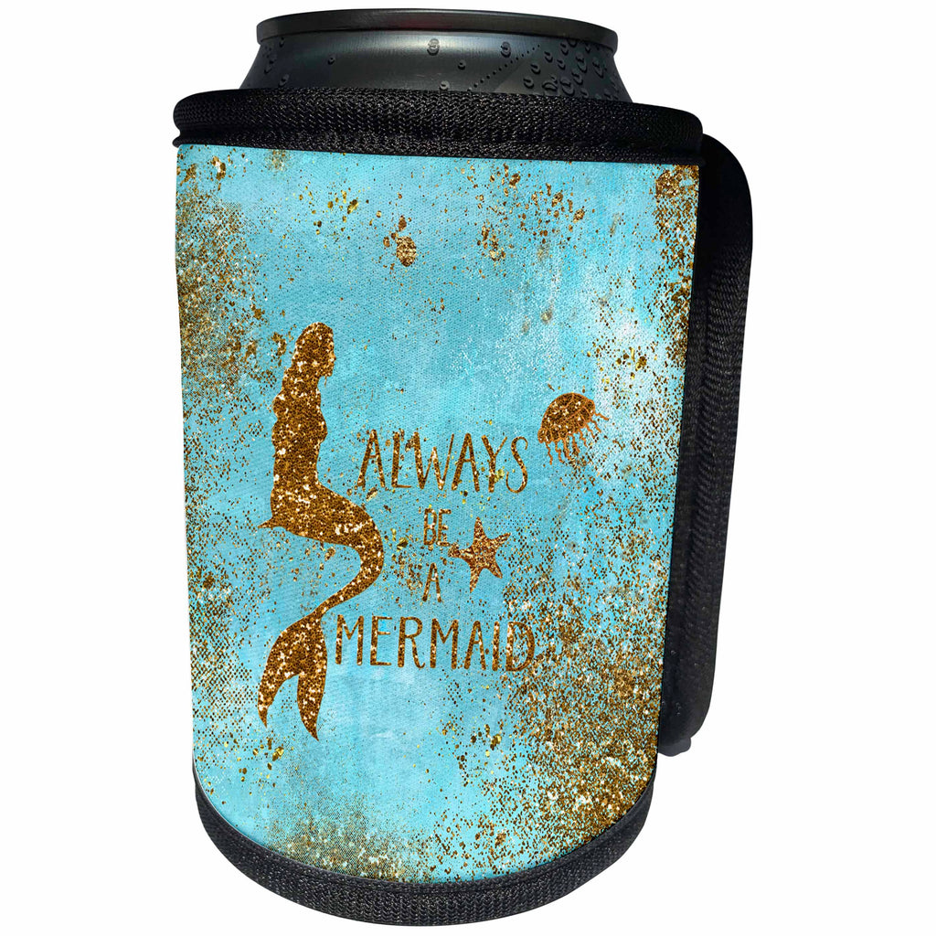 3dRose Uta Naumann Sayings and Typography - Gold Glittery Mermaid Quote on Sparkling Teal - Can Cooler Bottle Wrap (cc_266916)