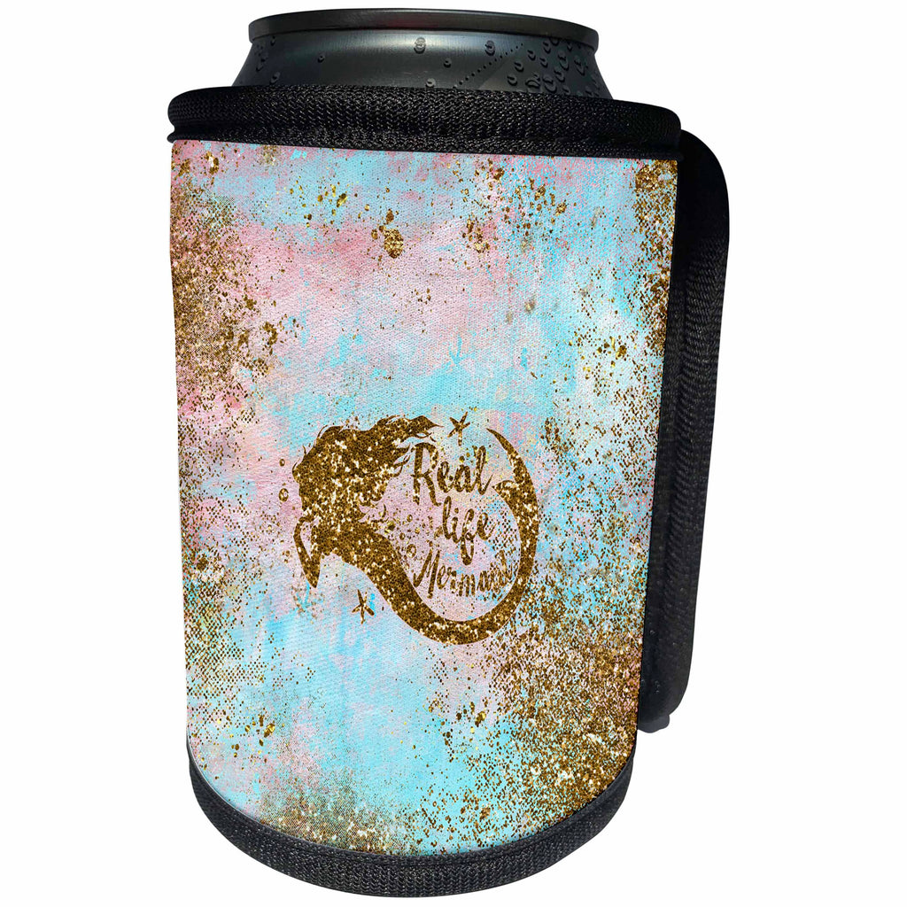 3dRose Uta Naumann Sayings and Typography - Gold Glittery Mermaid and Quote on Sparkling Teal Background - Can Cooler Bottle Wrap (cc_266921)