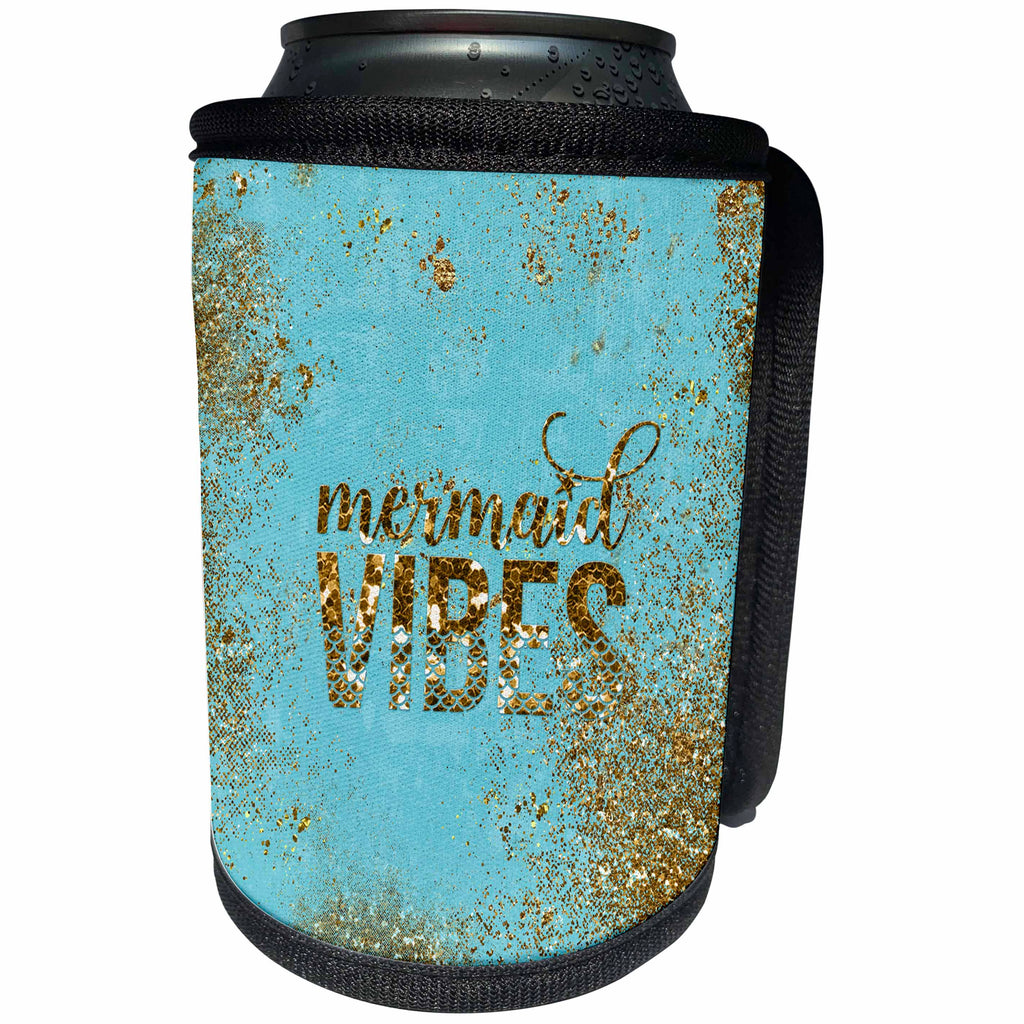 3dRose Uta Naumann Sayings and Typography - Mermaid Vibes-Glitter Saying and Mermaid Illustration on Teal and Gold - Can Cooler Bottle Wrap (cc_266923)