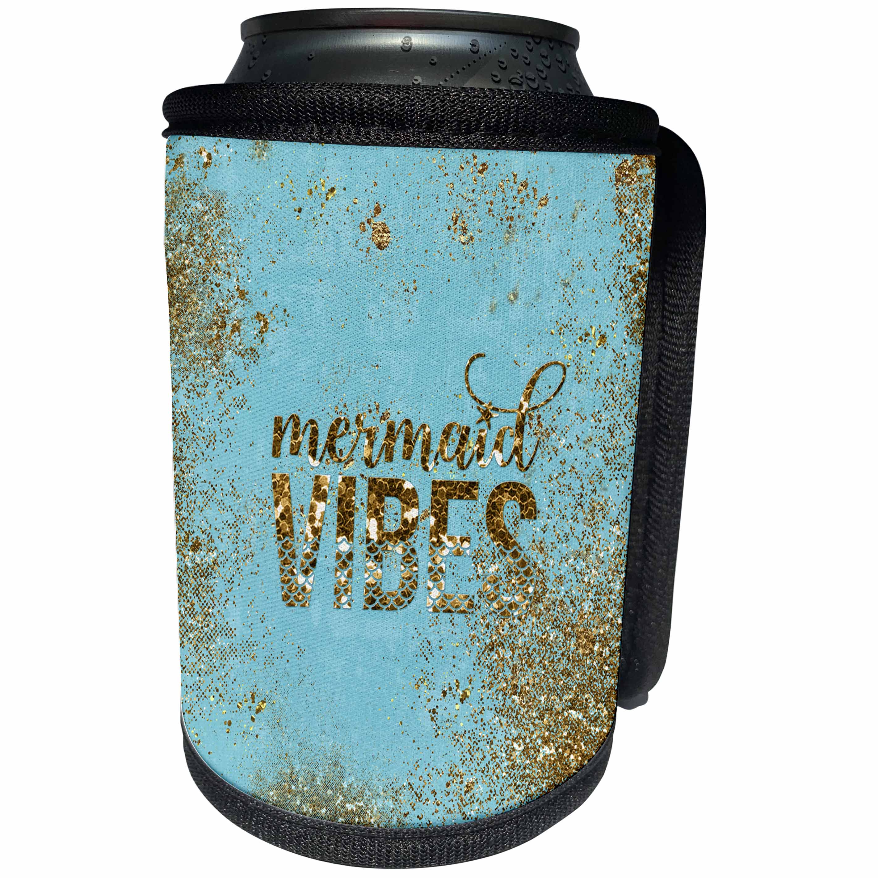 3dRose Uta Naumann Sayings and Typography - Mermaid Vibes-Glitter Saying and Mermaid Illustration on Teal and Gold - Can Cooler Bottle Wrap (cc_266923)