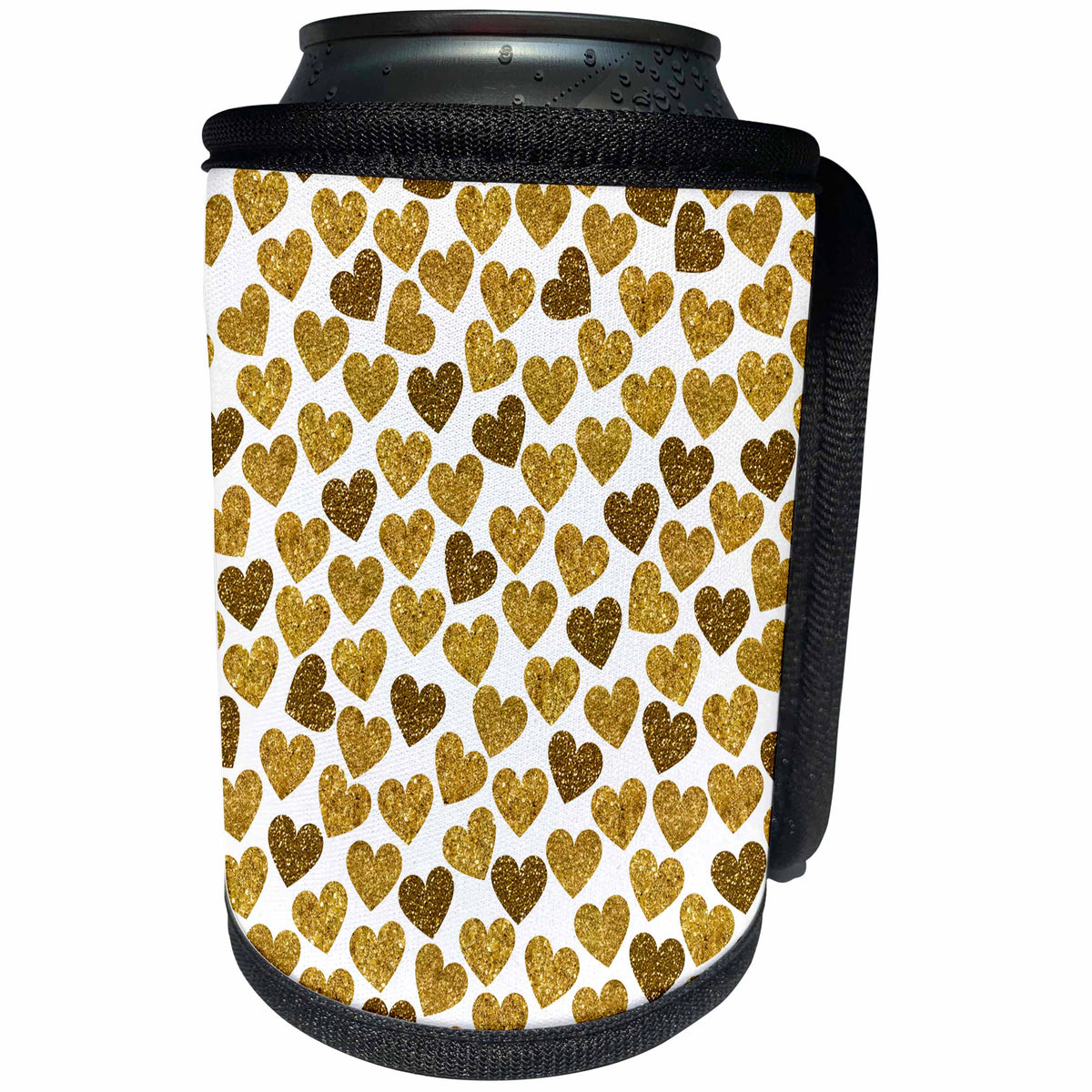3dRose Uta Naumann Faux Glitter Pattern - Love-Gold Glitter Sparkling Shine Hearts On White - Can Cooler Bottle Wrap (cc_266927)