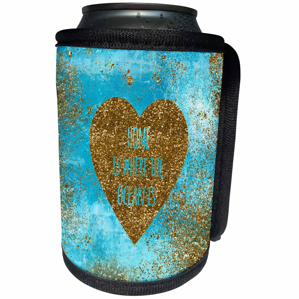 3dRose Uta Naumann Sayings and Typography - Home is-Glitter Mermaid Saying and Heart Illustration on Teal and Gold - Can Cooler Bottle Wrap (cc_266931)