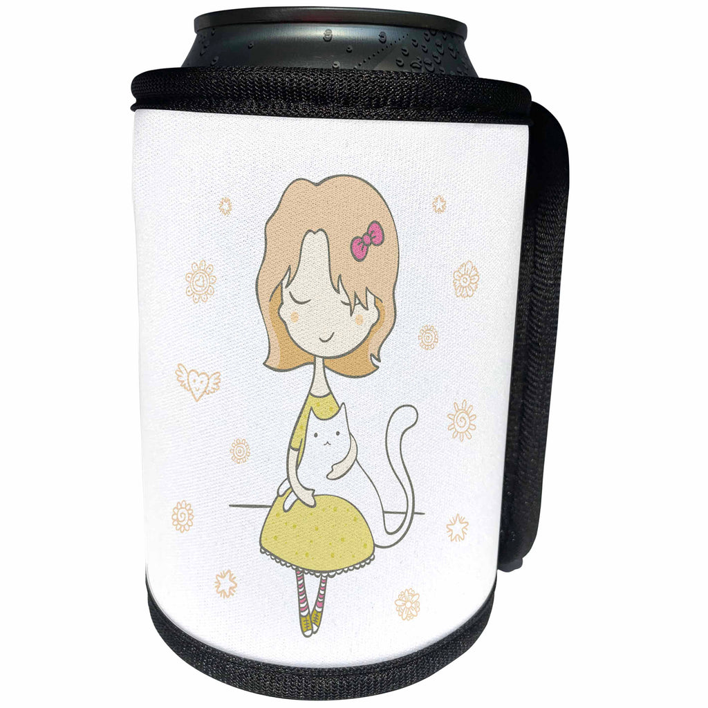 3dRose Uta Naumann Watercolor Illustration - Little Girl Holding a White Cat-Cute Childrens Watercolor Illustration - Can Cooler Bottle Wrap (cc_266939)