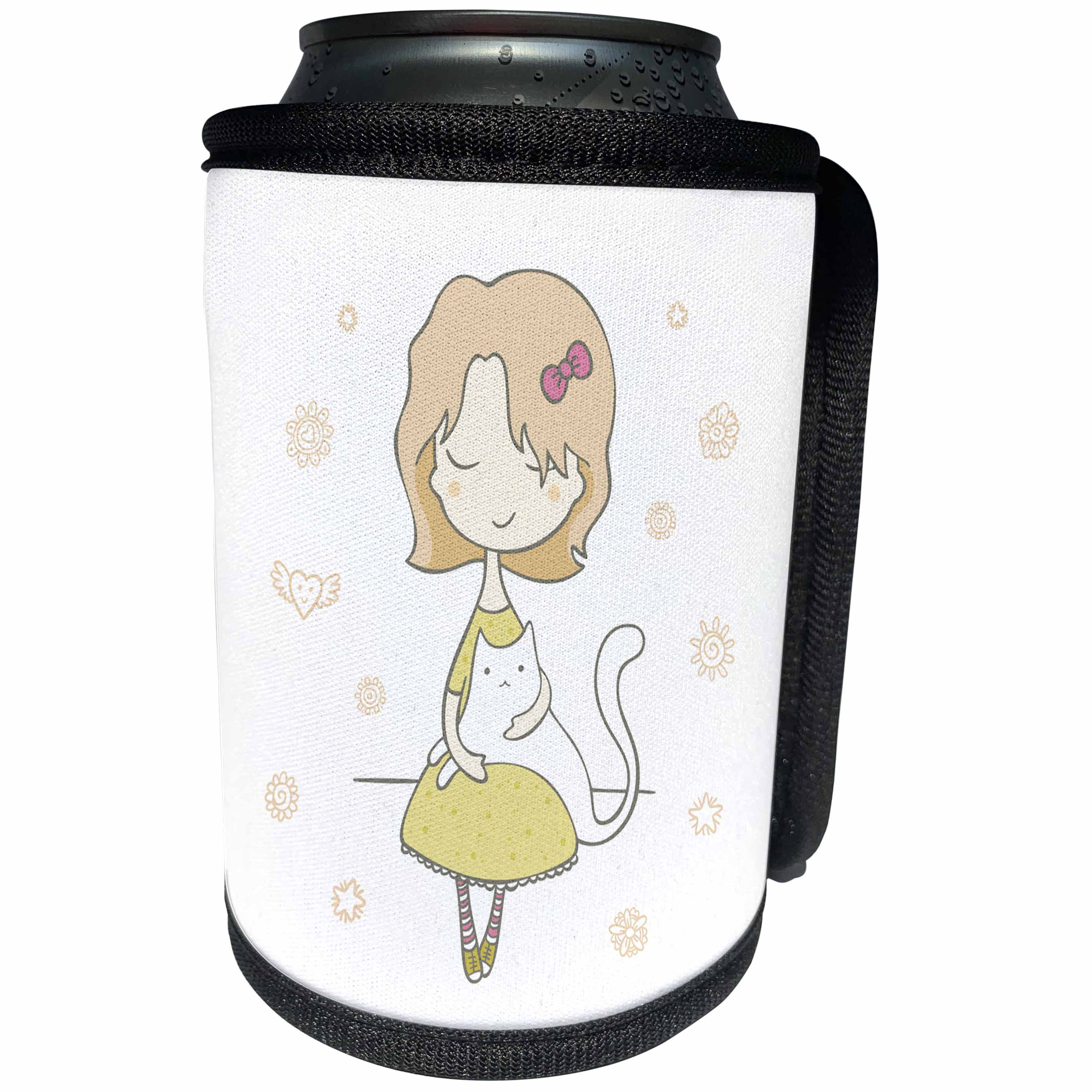 3dRose Uta Naumann Watercolor Illustration - Little Girl Holding a White Cat-Cute Childrens Watercolor Illustration - Can Cooler Bottle Wrap (cc_266939)
