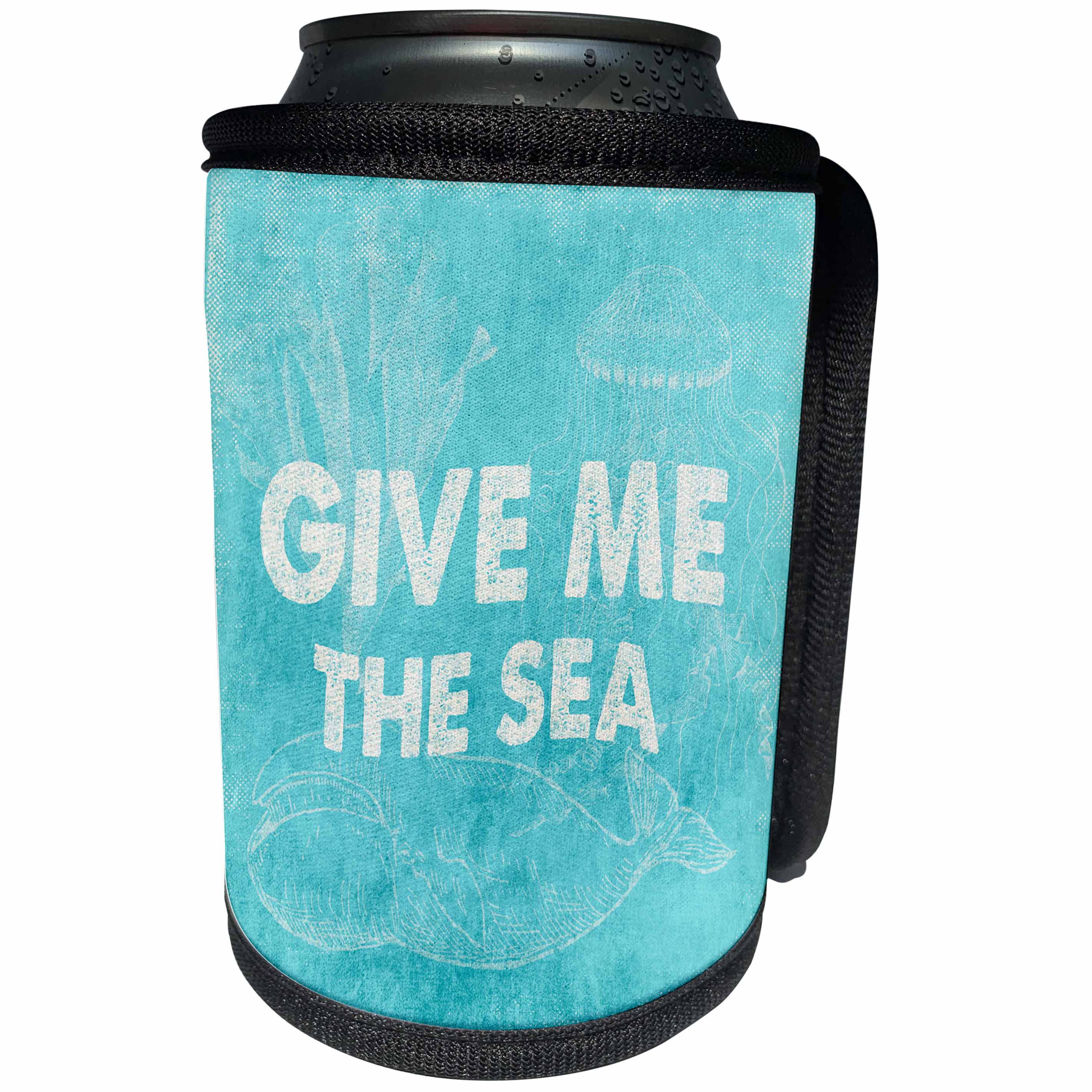 3dRose Uta Naumann Sayings and Typography - Give Me The Sea-Maritime Ocean Quote in Aqua - Can Cooler Bottle Wrap (cc_266944)