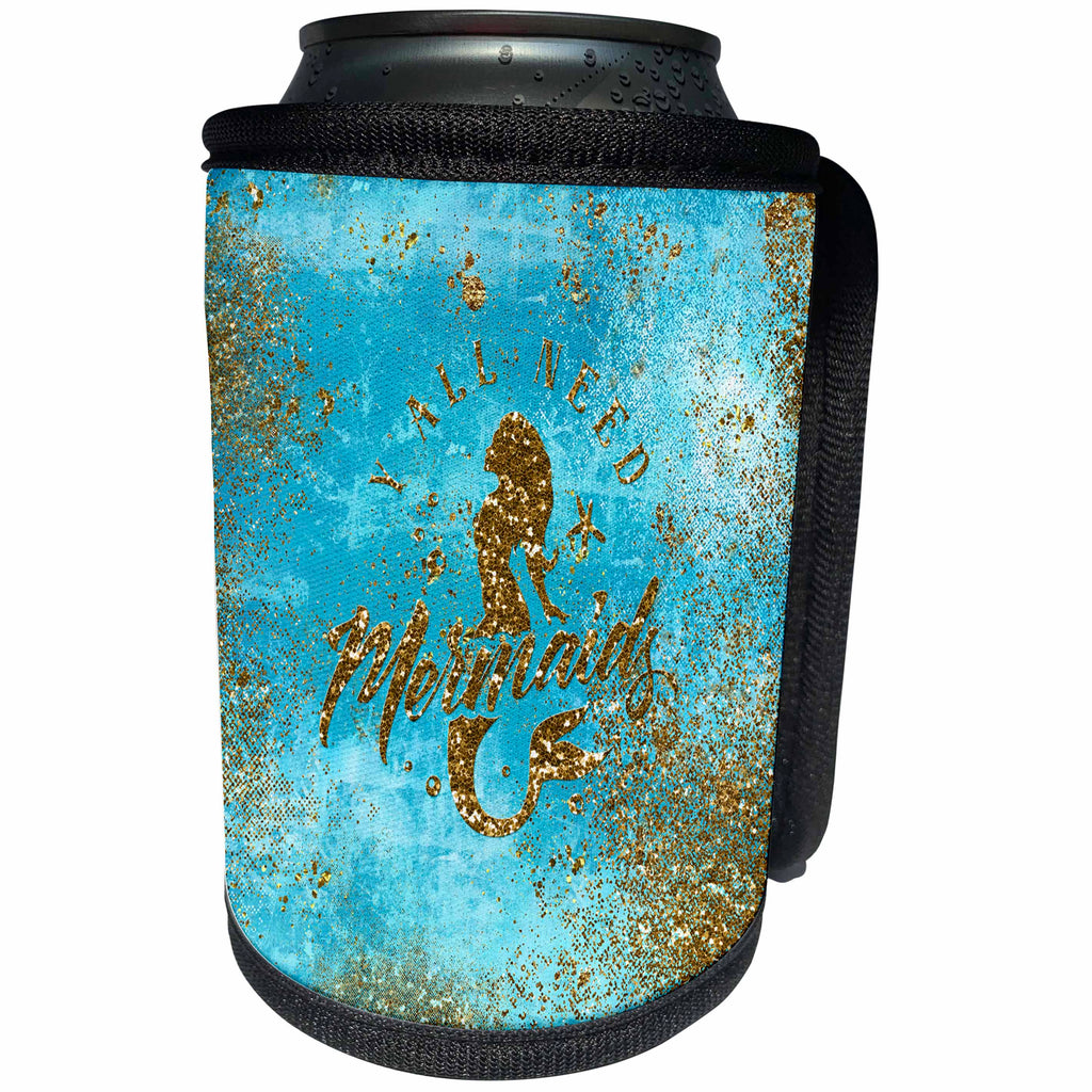 3dRose Uta Naumann Sayings and Typography - All You Need-Glitter Saying and Mermaid Illustration on Teal and Gold - Can Cooler Bottle Wrap (cc_266947)