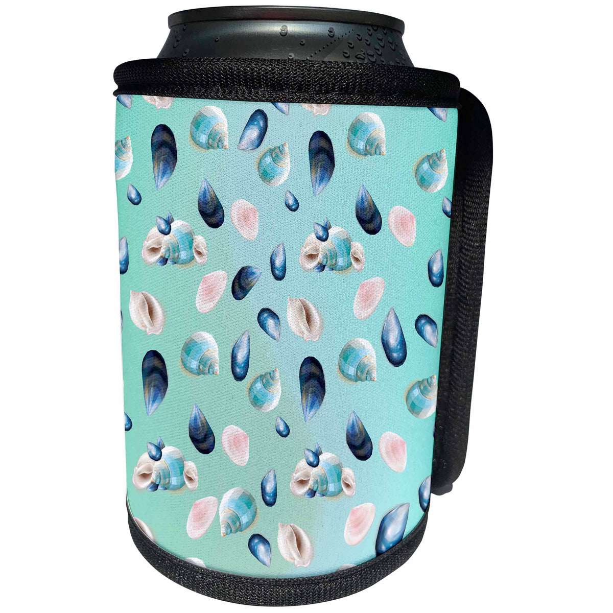 3dRose Uta Naumann Pattern - White Pearls and Blue Seashells in Pink and Teal Pastel Pattern - Can Cooler Bottle Wrap (cc_266954)