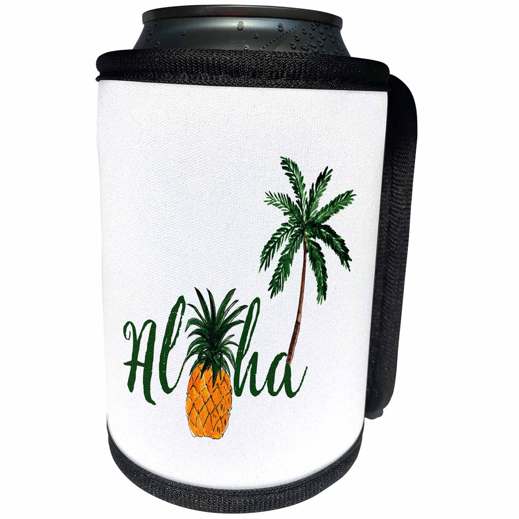 3dRose Uta Naumann Sayings and Typography - Aloha-Hawaiian Pineapple Saying with Tropical Palm Leaves - Can Cooler Bottle Wrap (cc_266956)