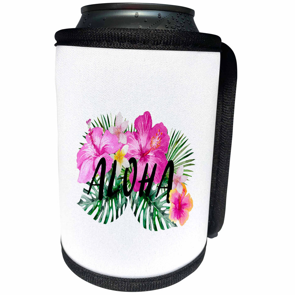 3dRose Uta Naumann Sayings and Typography - Aloha-Saying with Hawaiian Colorful Summer Hibiscus Flowers-Black - Can Cooler Bottle Wrap (cc_266959)