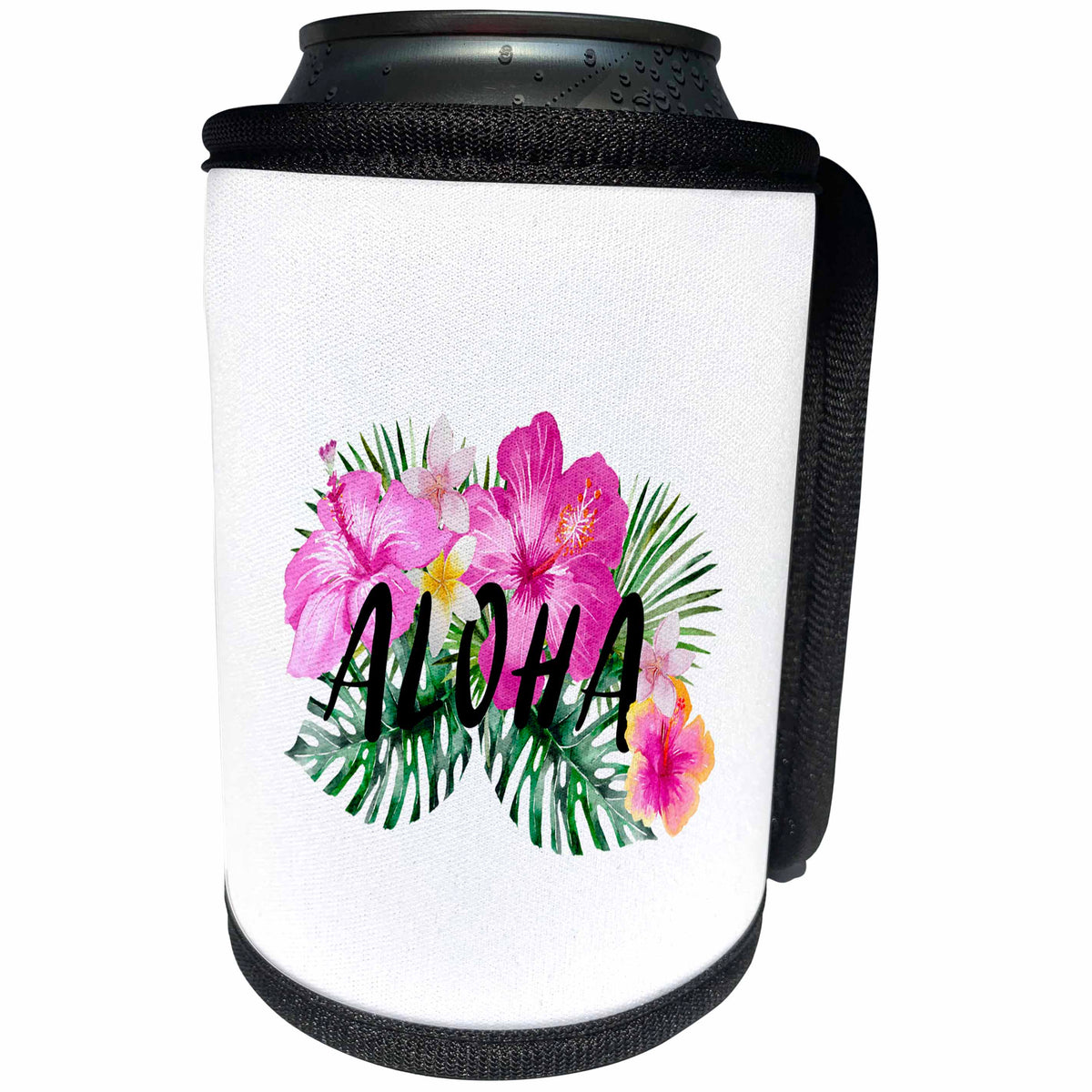 3dRose Uta Naumann Sayings and Typography - Aloha-Saying with Hawaiian Colorful Summer Hibiscus Flowers-Black - Can Cooler Bottle Wrap (cc_266959)