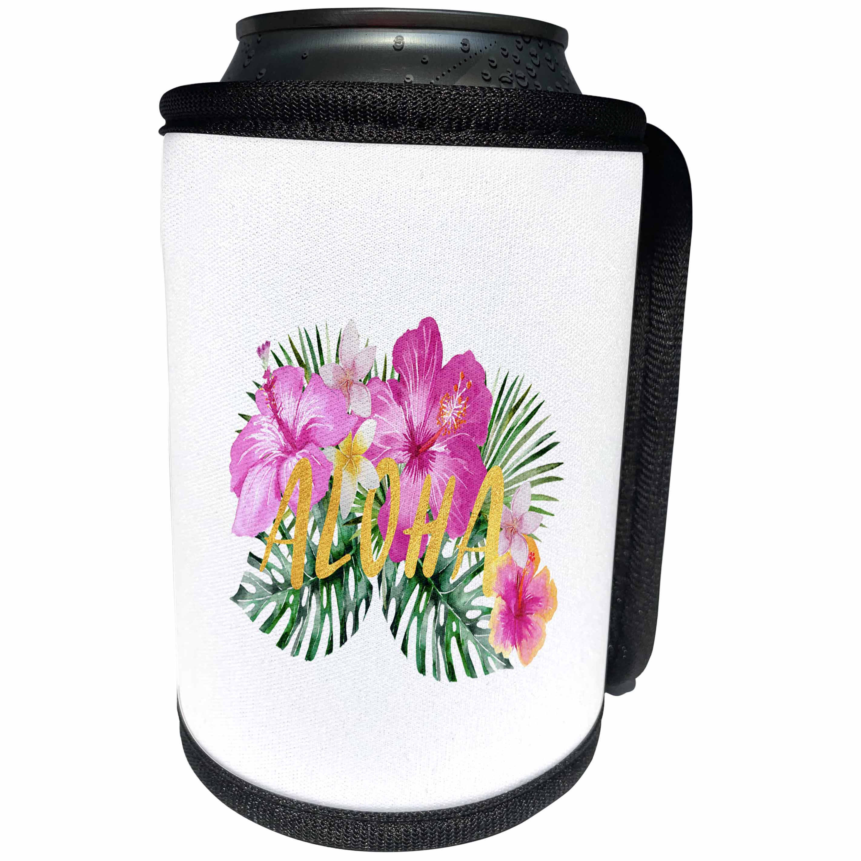 3dRose Uta Naumann Sayings and Typography - Aloha-Saying with Hawaiian Colorful Summer Hibiscus Flowers-Gold - Can Cooler Bottle Wrap (cc_266960)