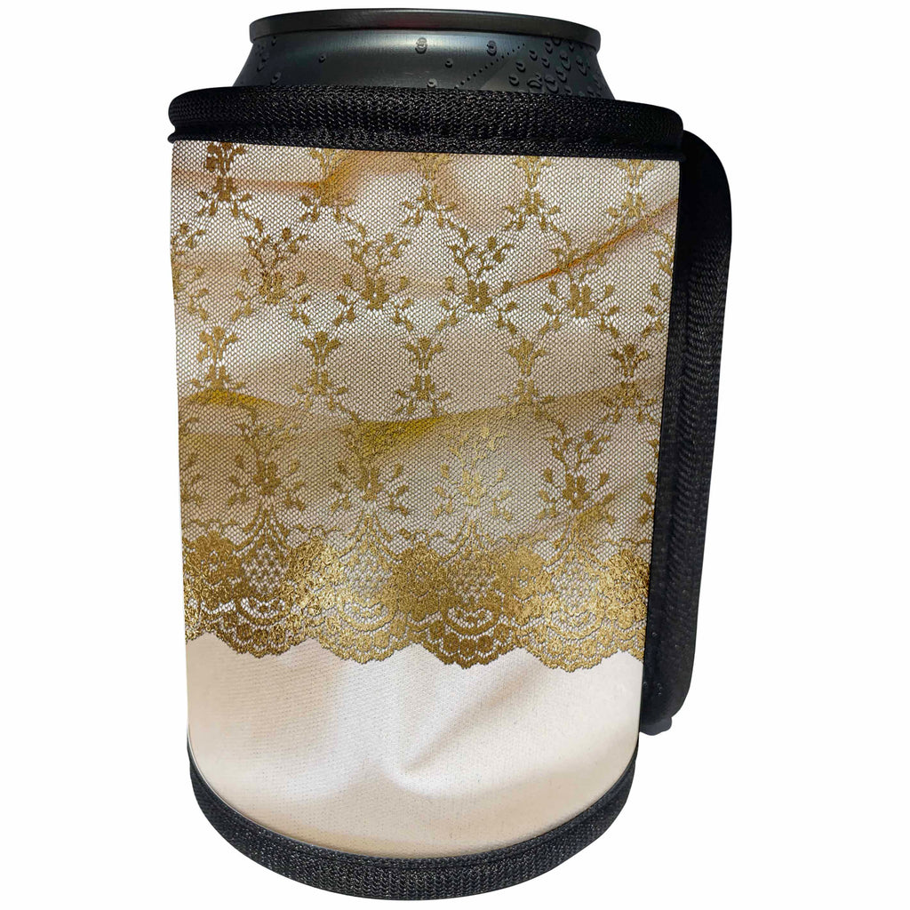 3dRose Uta Naumann Vintage Lace Collection - Gold Floral Lace on Shiny Luxury Feminine Beige Silk - Can Cooler Bottle Wrap (cc_266961)
