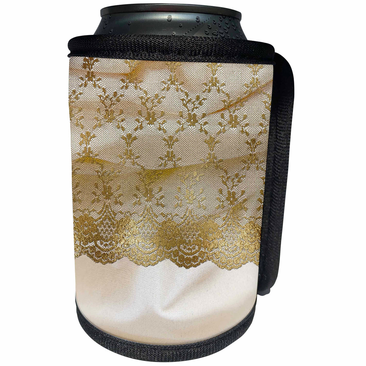 3dRose Uta Naumann Vintage Lace Collection - Gold Floral Lace on Shiny Luxury Feminine Beige Silk - Can Cooler Bottle Wrap (cc_266961)