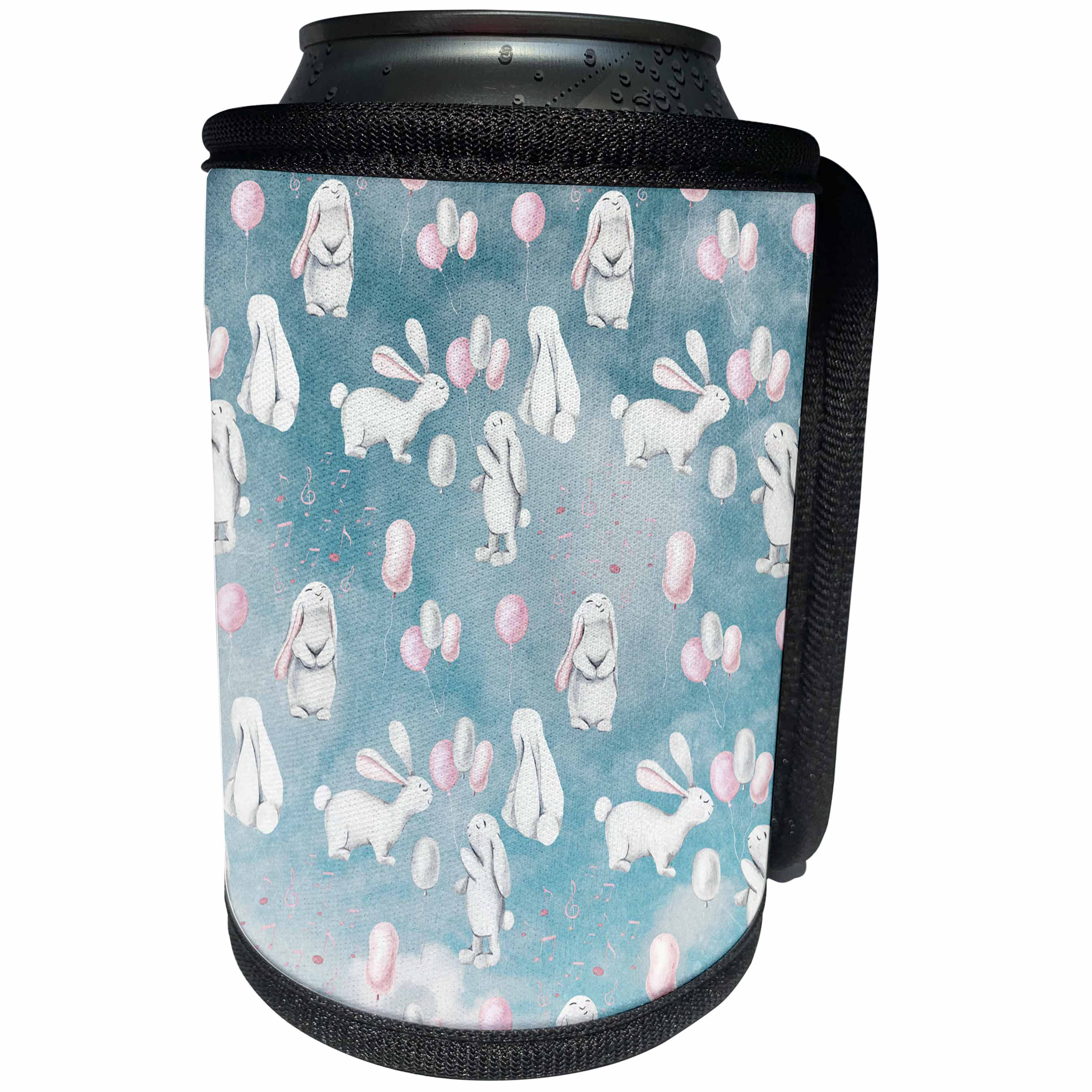 3dRose Uta Naumann Pattern - White Bunnies With Pink Balloons Teal Children Pattern - Can Cooler Bottle Wrap (cc_266962)