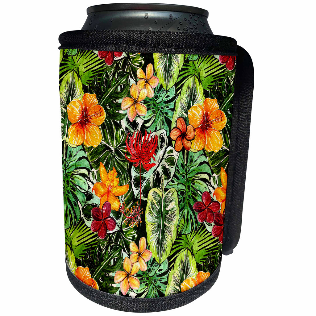 3dRose Uta Naumann Pattern - Aloha Colorful Hibiscus and Palm Leaf Jungle Tropical Hawaii Pattern - Can Cooler Bottle Wrap (cc_266970)