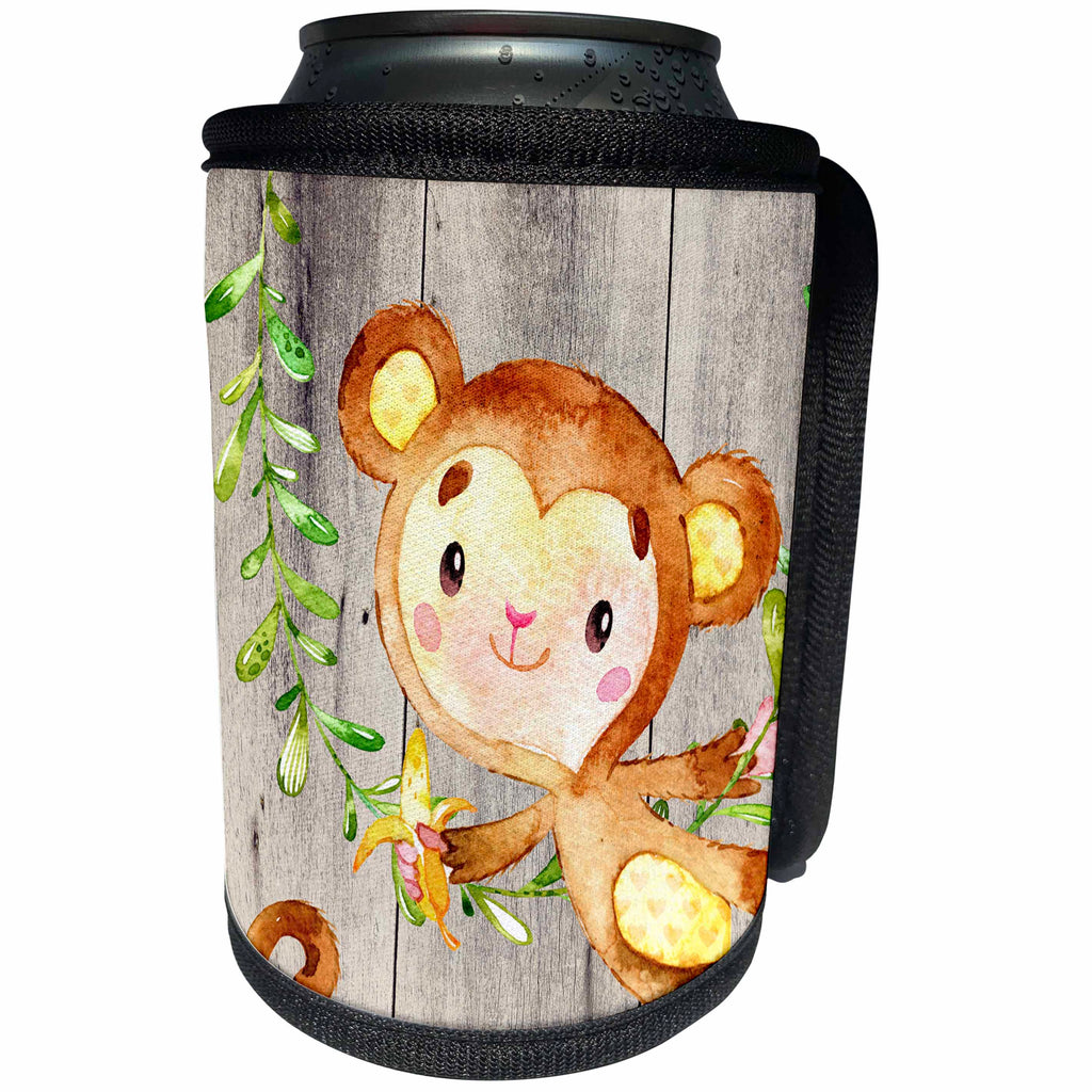 3dRose Uta Naumann Watercolor Illustration Animal - A Monkey Holding a Banana-Children Watercolor Illustration - Can Cooler Bottle Wrap (cc_266972)