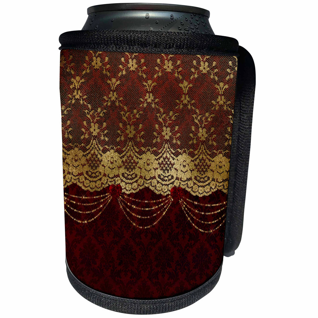 3dRose Uta Naumann Vintage Lace Collection - Gold Floral Lace With Sparkling Crystals On Red Damask - Can Cooler Bottle Wrap (cc_266974)