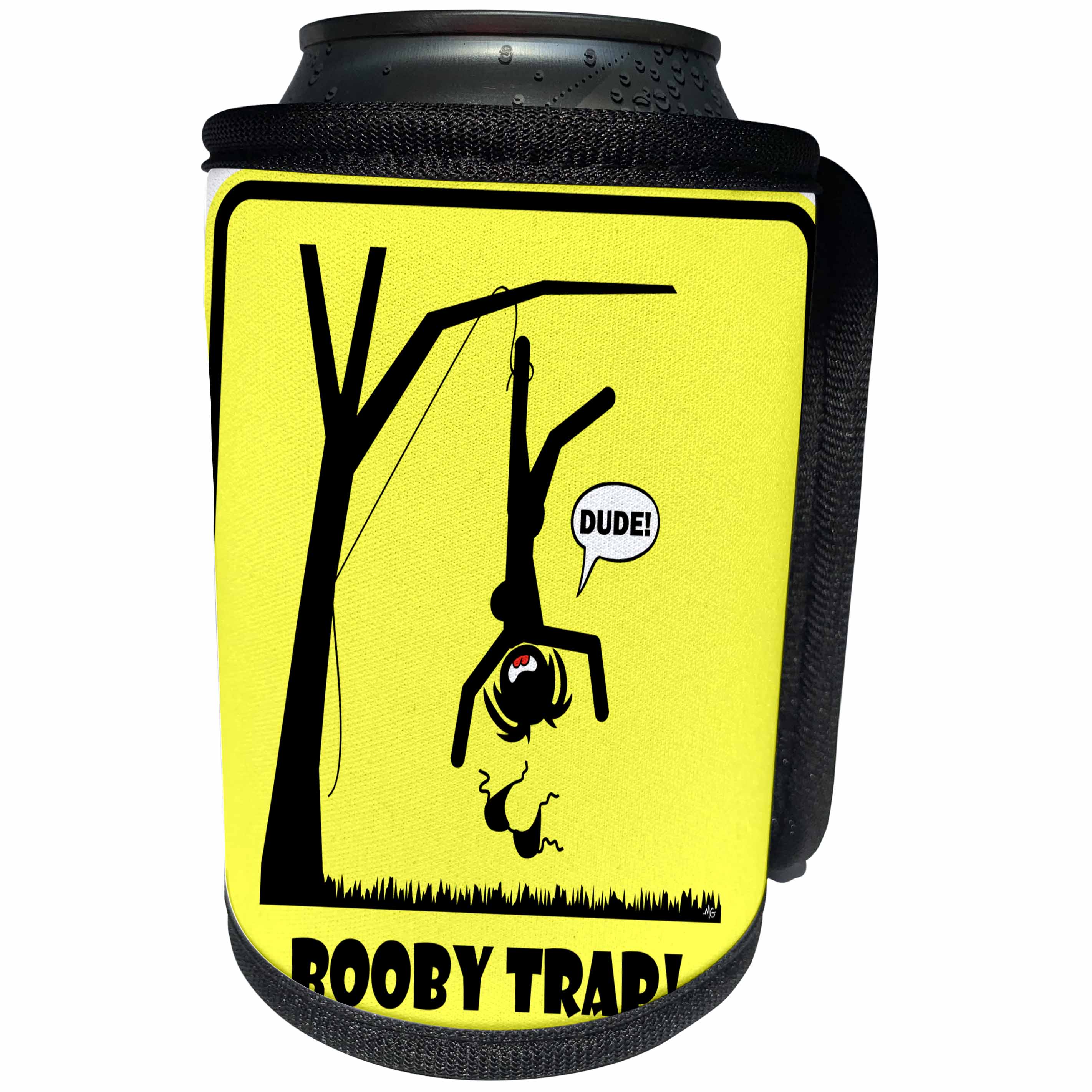 3dRose Mark Grace SCREAMNJENNY Wardrobe Malfunctions - WARDROBE MALFUNCTION booby trap yellow sign 2 - Can Cooler Bottle Wrap (cc_26698)