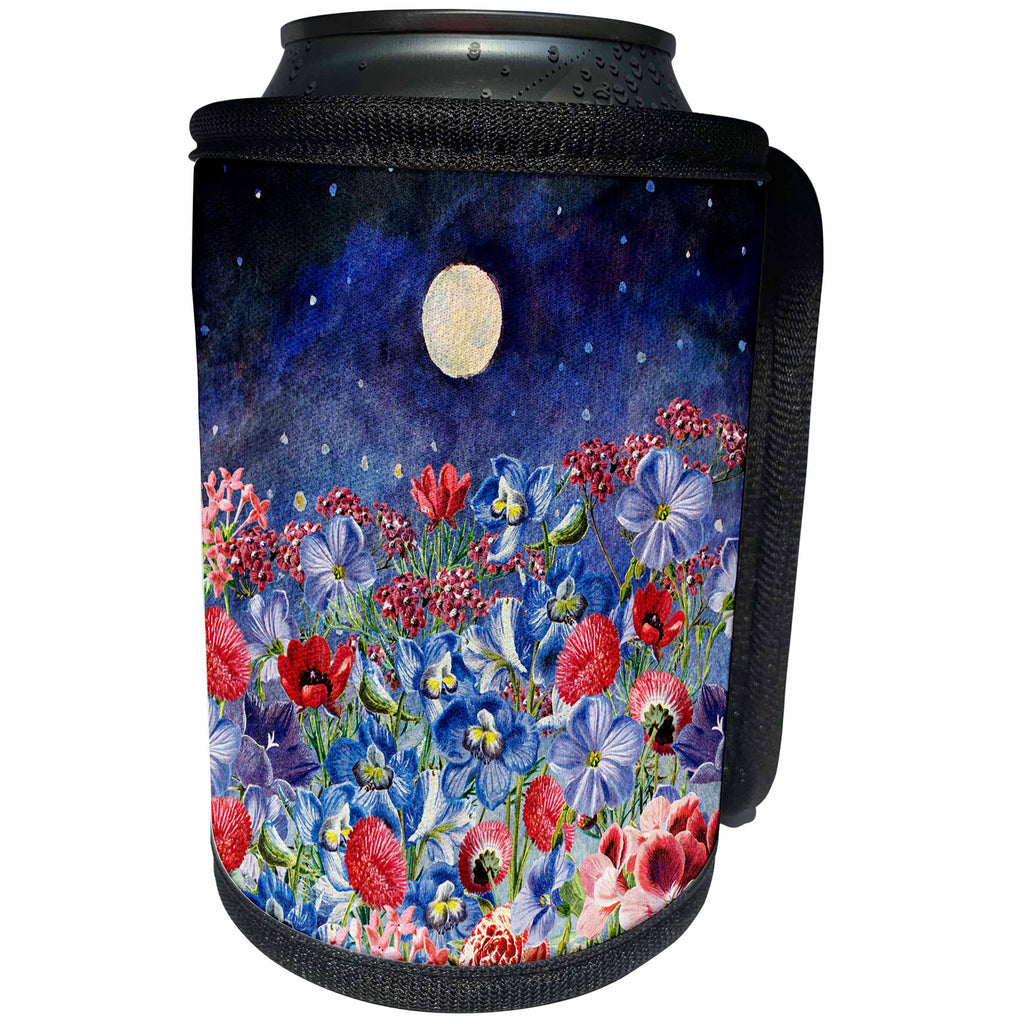 3dRose Uta Naumann Watercolor Illustration Flowers - Midnight Moon and Colorful Blossoming Flowers Watercolor Illustration - Can Cooler Bottle Wrap (cc_266986)