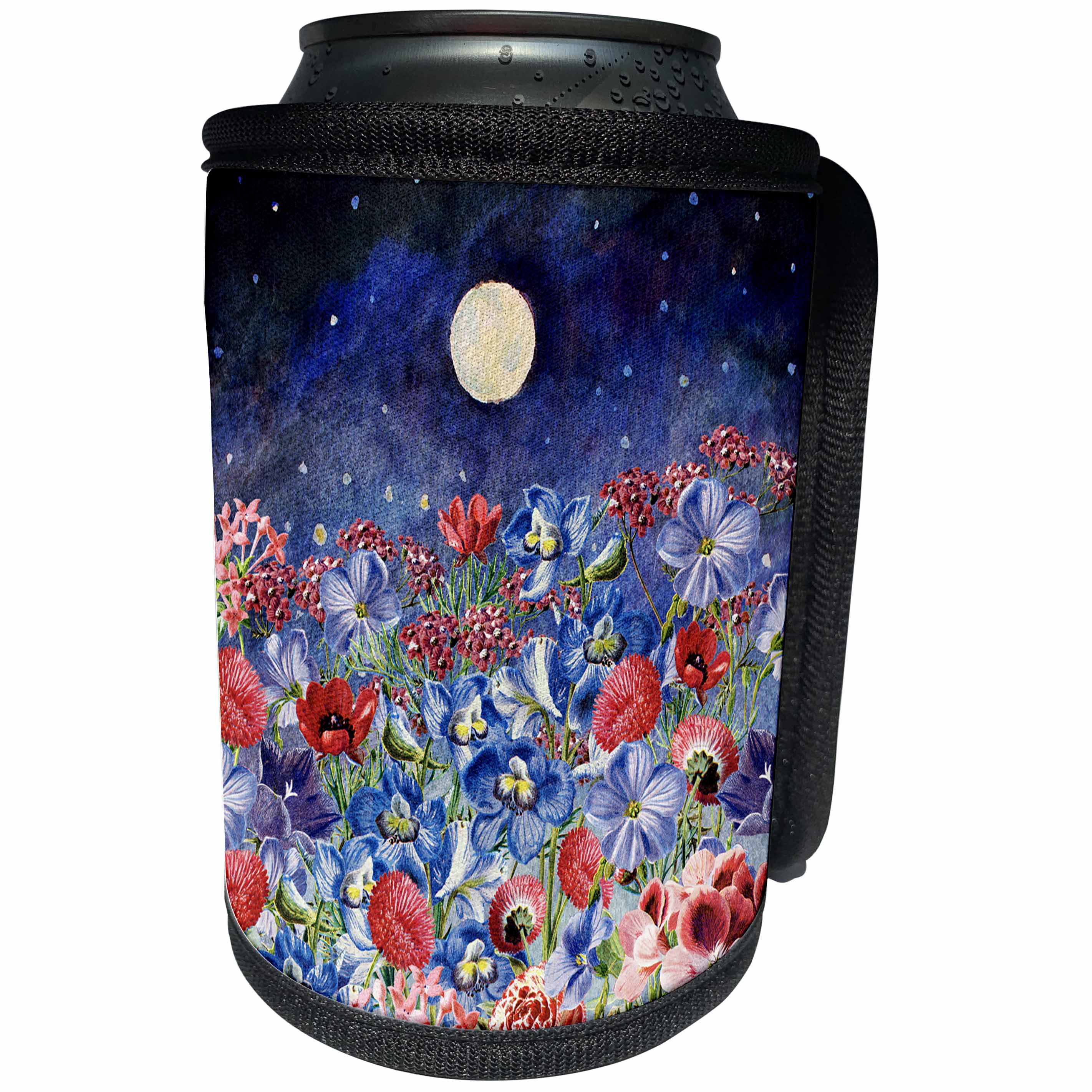 3dRose Uta Naumann Watercolor Illustration Flowers - Midnight Moon and Colorful Blossoming Flowers Watercolor Illustration - Can Cooler Bottle Wrap (cc_266986)