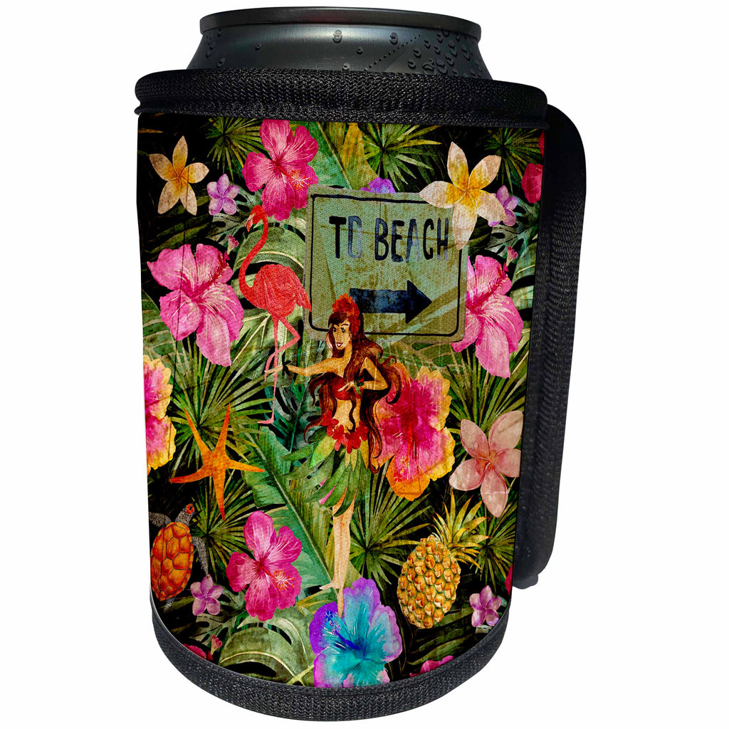 3dRose Uta Naumann Pattern - Aloha Hula Girl and Hibiscus and Palm Jungle Tropical Hawaii Pattern - Can Cooler Bottle Wrap (cc_266989)
