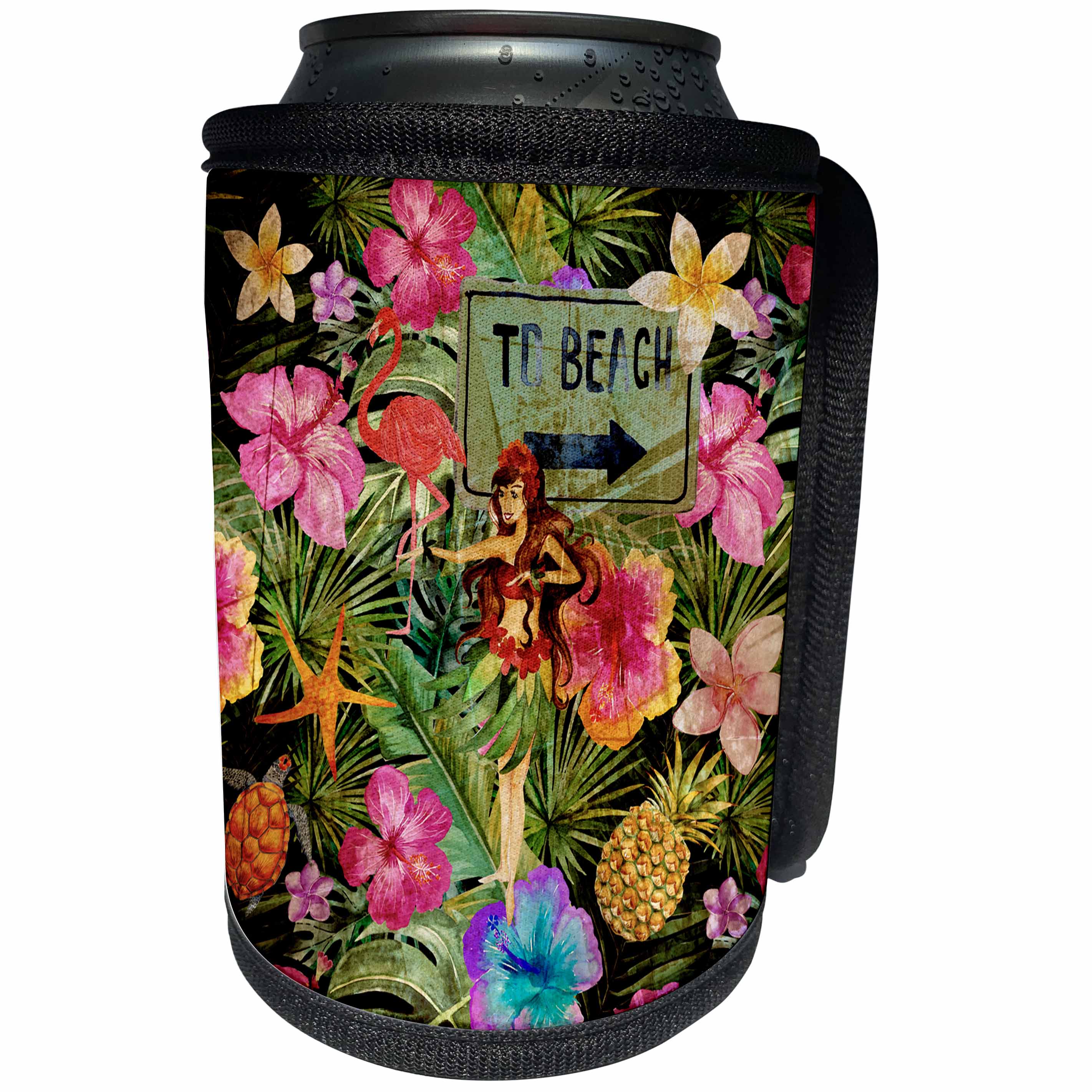3dRose Uta Naumann Pattern - Aloha Hula Girl and Hibiscus and Palm Jungle Tropical Hawaii Pattern - Can Cooler Bottle Wrap (cc_266989)