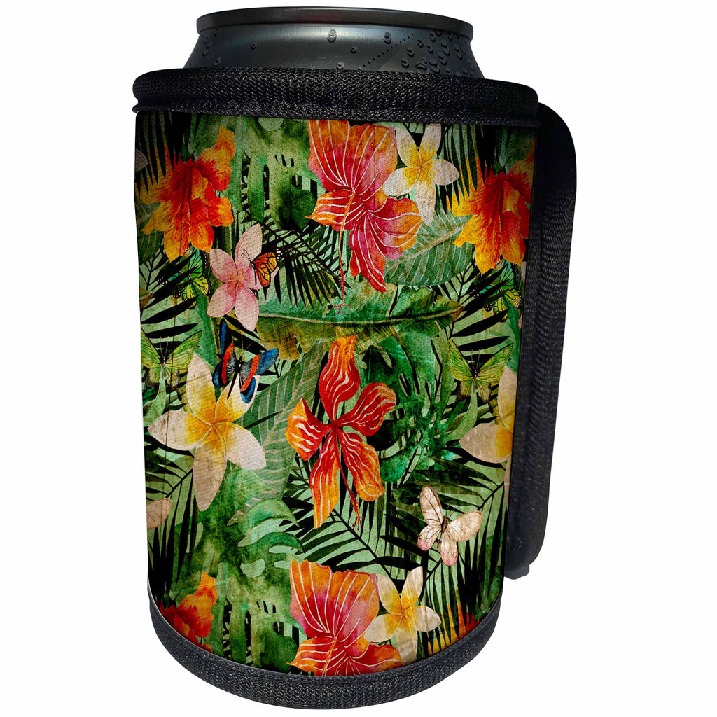 3dRose Uta Naumann Pattern - Aloha Colorful Hibiscus and Grungy Palm Jungle Tropical Hawaii Pattern - Can Cooler Bottle Wrap (cc_266990)