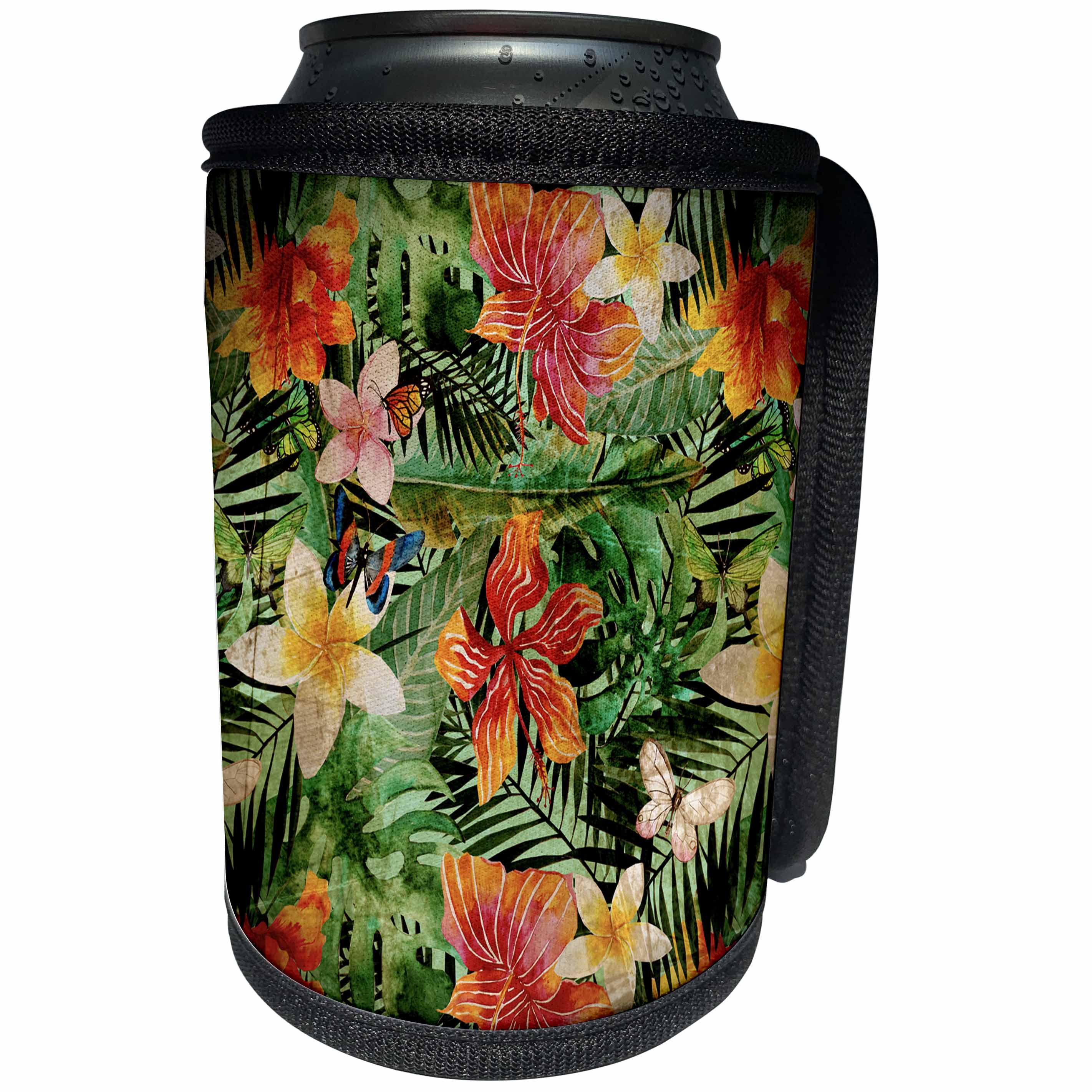 3dRose Uta Naumann Pattern - Aloha Colorful Hibiscus and Grungy Palm Jungle Tropical Hawaii Pattern - Can Cooler Bottle Wrap (cc_266990)