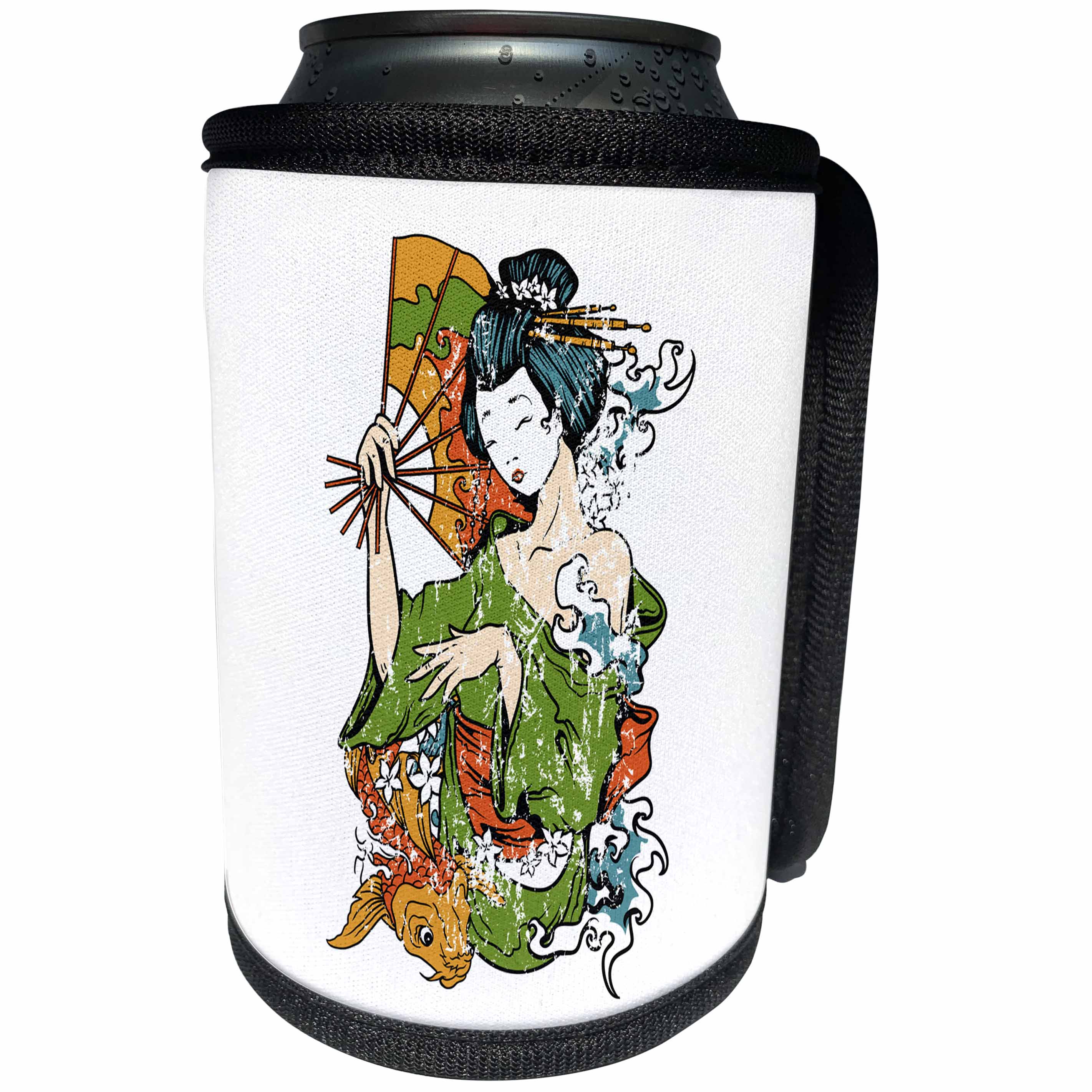 3dRose Uta Naumann Watercolor Illustration - Japanese Geisha With Fan Watercolor Illustration - Can Cooler Bottle Wrap (cc_266997)